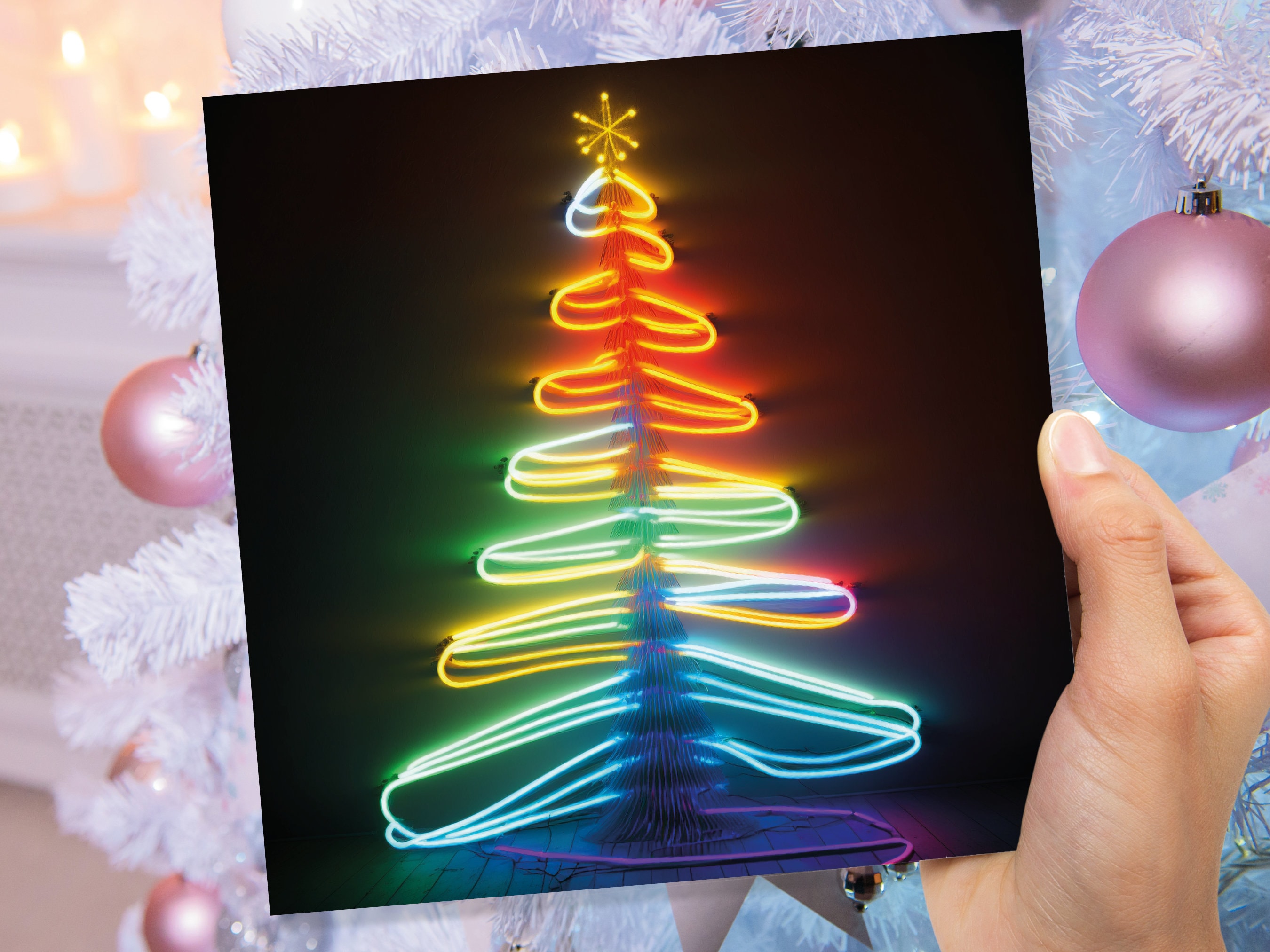 Neon Christmas Card Glowing Tree Lights Tube Lighting Y2K 80s Bright Colours Colourful Colours Unique Fun Cards For Family Friends Xmas 2025 - View 9