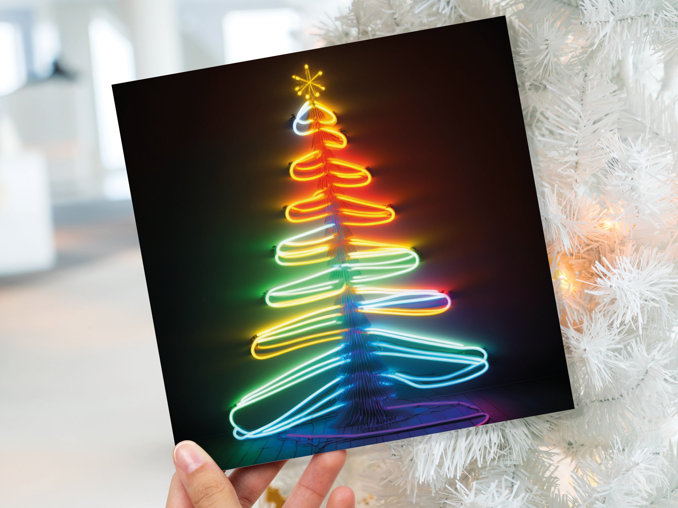 Neon Christmas Card Glowing Tree Lights Tube Lighting Y2K 80s Bright Colours Colourful Colours Unique Fun Cards For Family Friends Xmas 2025