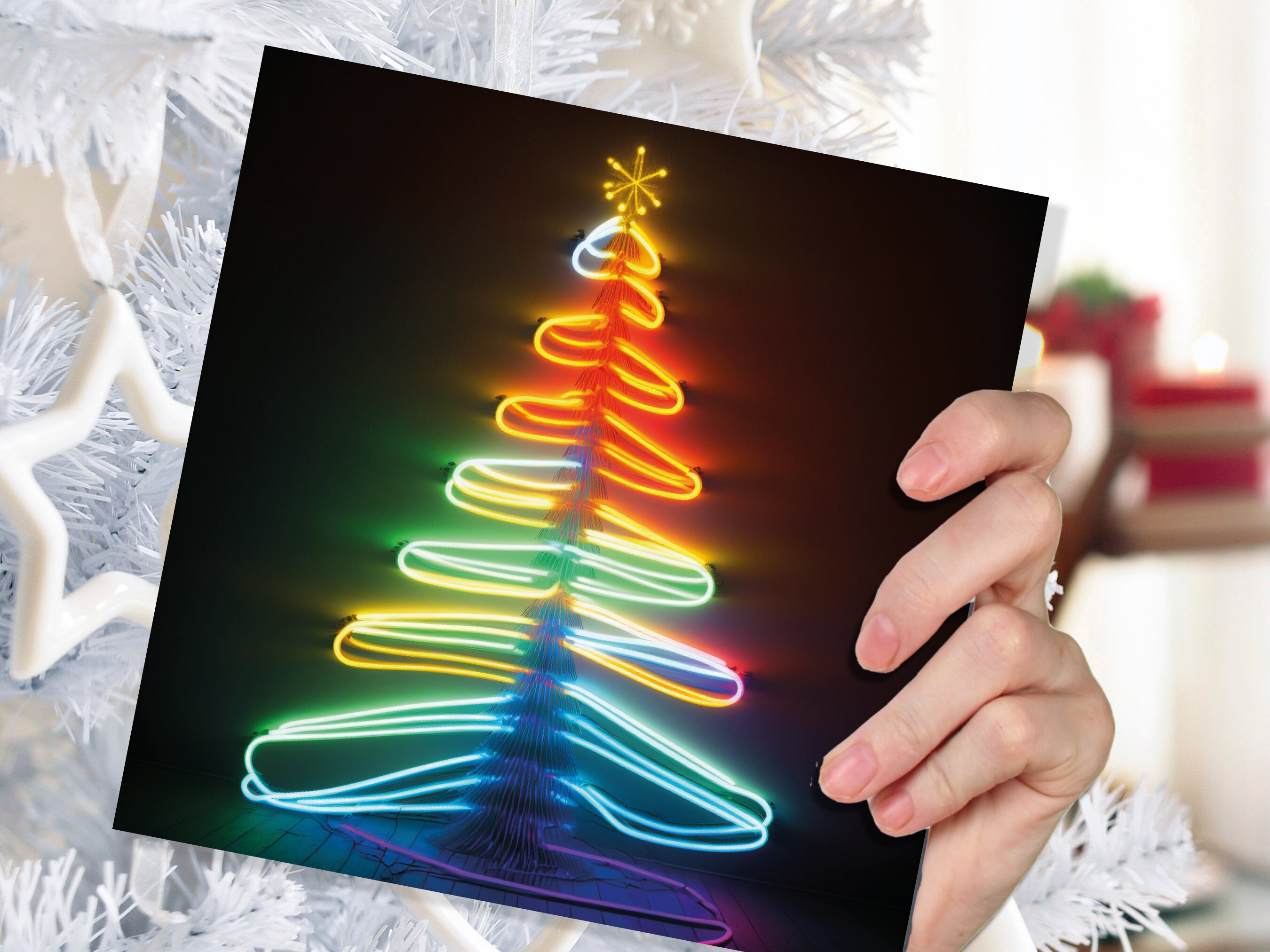 Neon Christmas Card Glowing Tree Lights Tube Lighting Y2K 80s Bright Colours Colourful Colours Unique Fun Cards For Family Friends Xmas 2025 - View 8