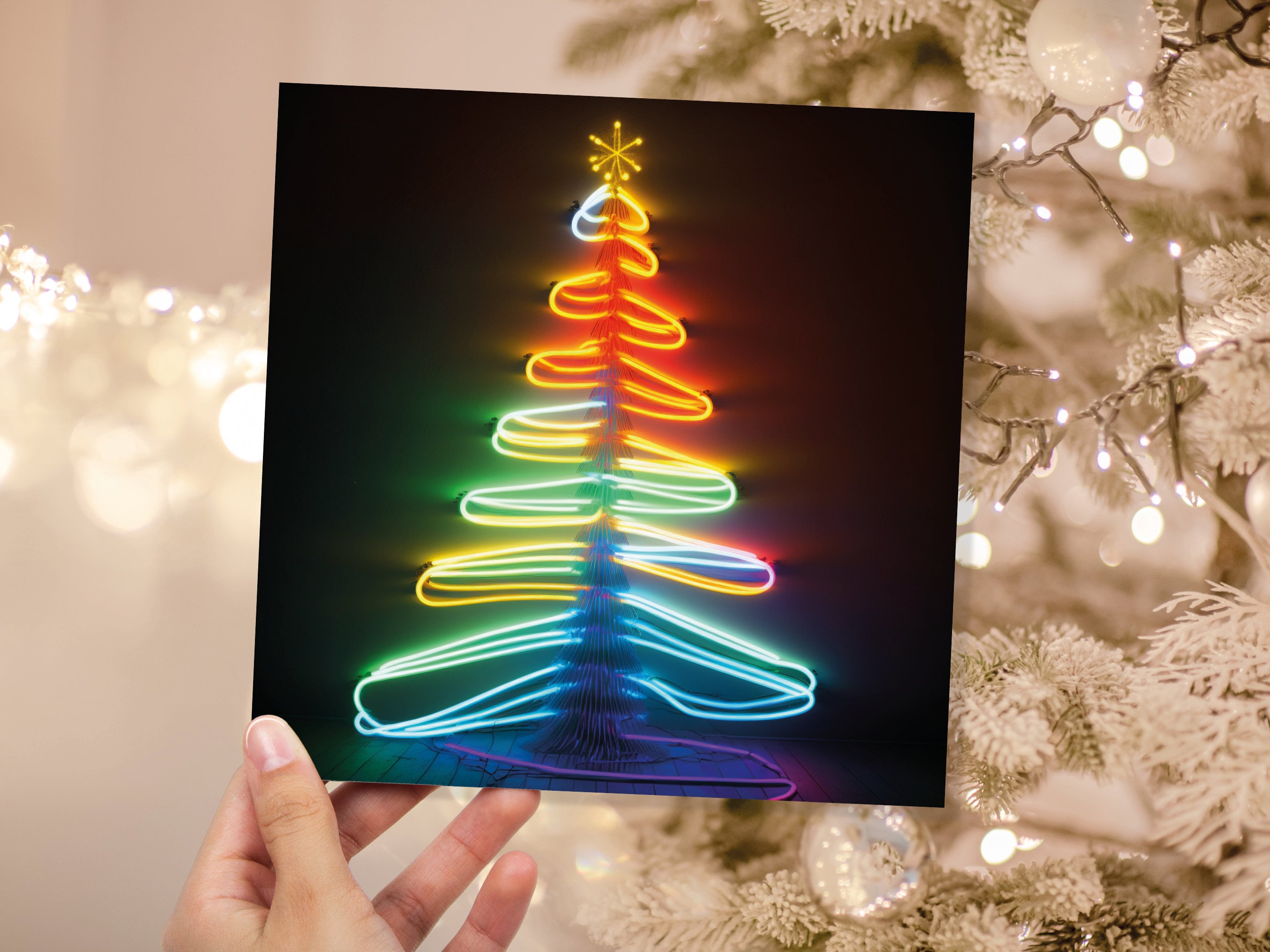 Neon Christmas Card Glowing Tree Lights Tube Lighting Y2K 80s Bright Colours Colourful Colours Unique Fun Cards For Family Friends Xmas 2025 - View 5