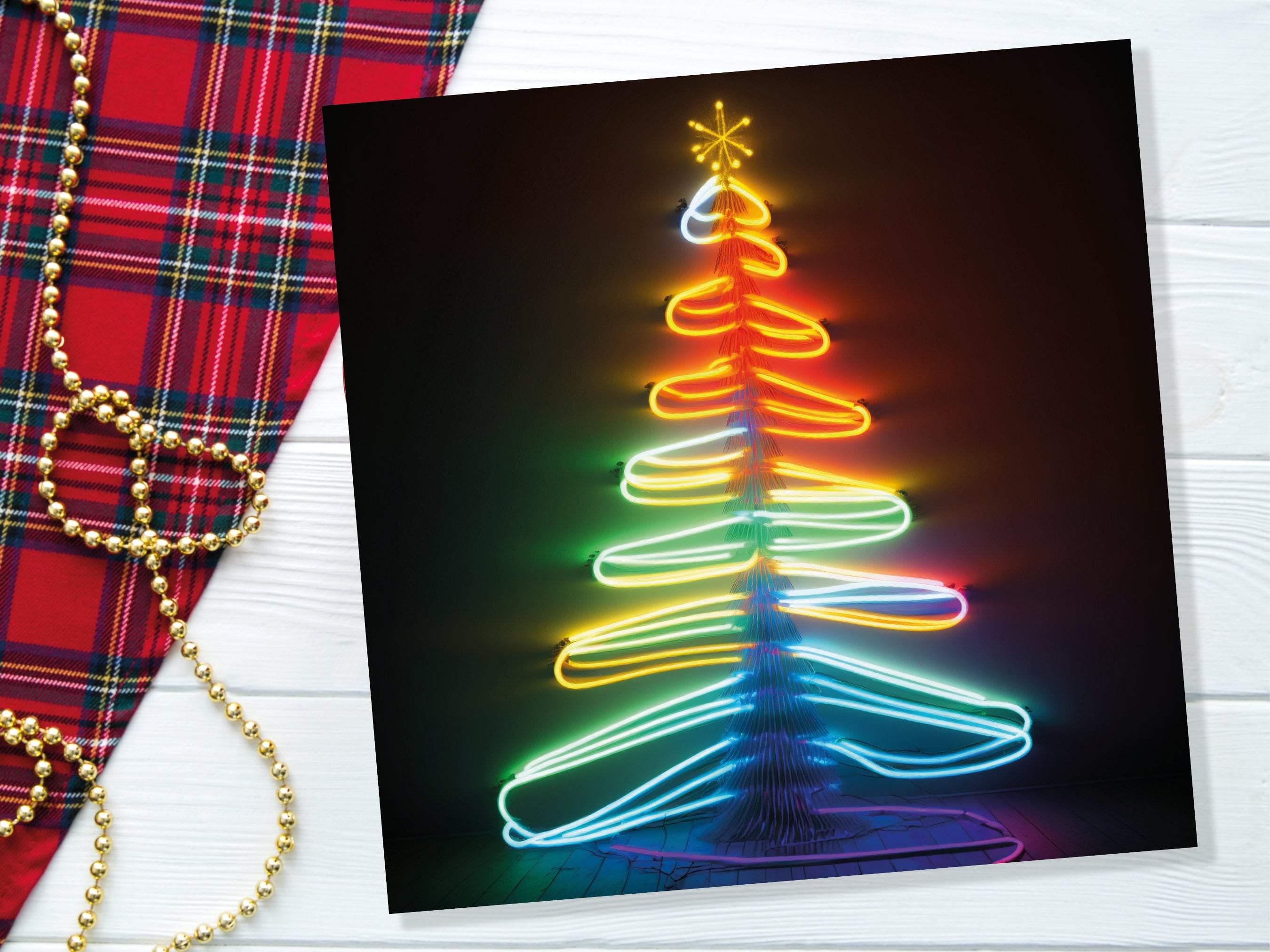 Neon Christmas Card Glowing Tree Lights Tube Lighting Y2K 80s Bright Colours Colourful Colours Unique Fun Cards For Family Friends Xmas 2025 - View 7