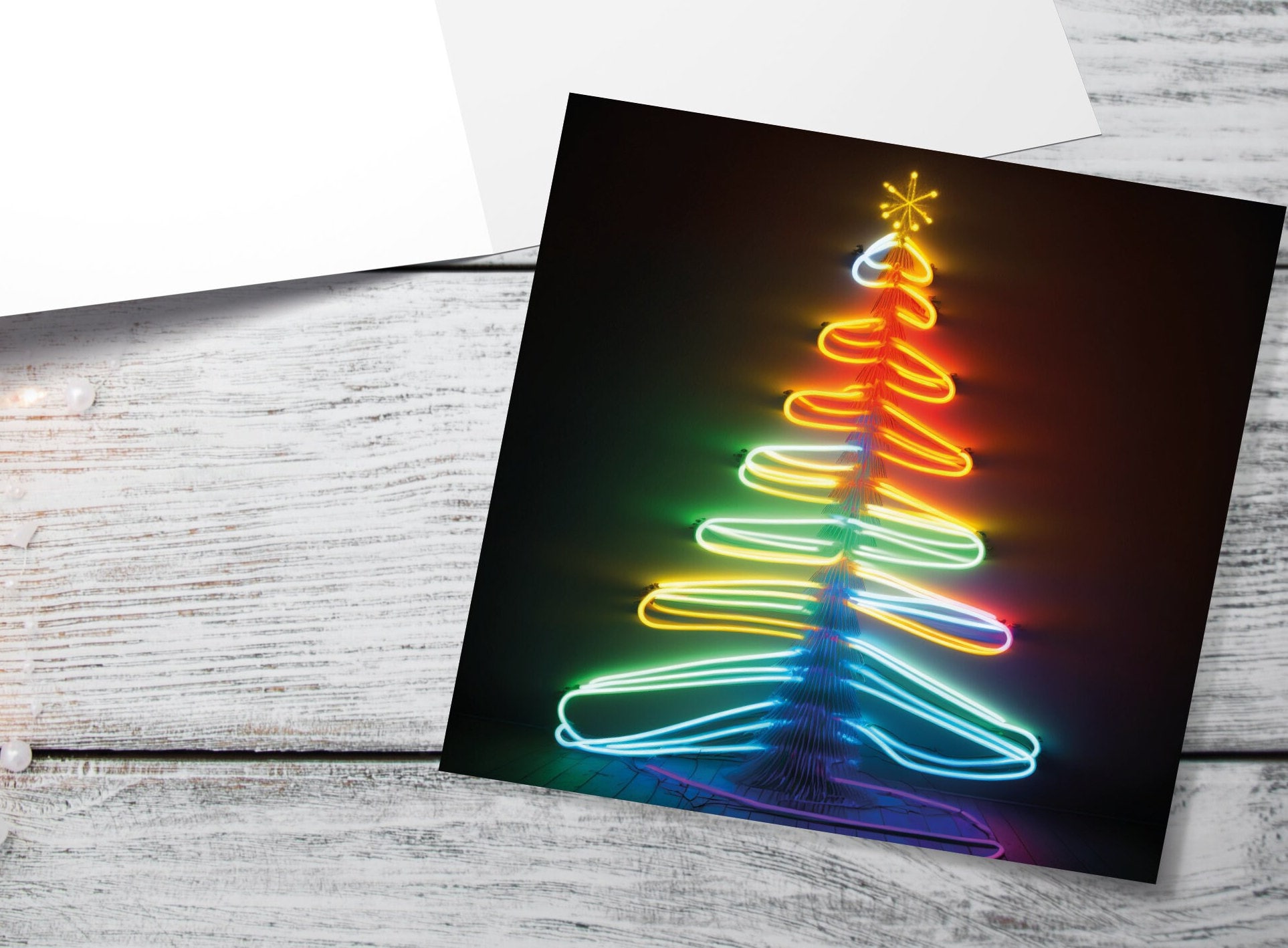 Neon Christmas Card Glowing Tree Lights Tube Lighting Y2K 80s Bright Colours Colourful Colours Unique Fun Cards For Family Friends Xmas 2025 - View 3