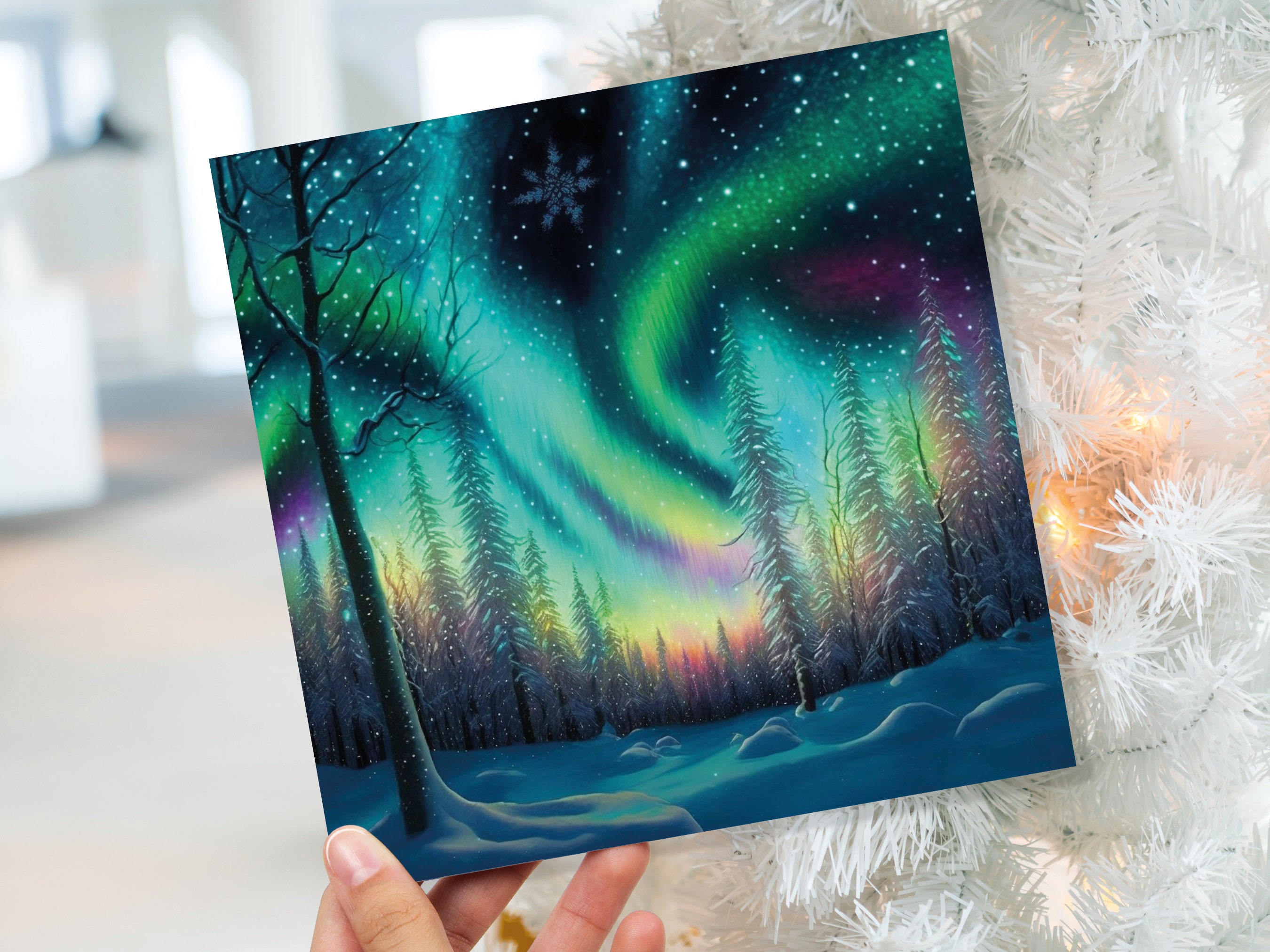 Northern Lights Christmas Cards Beautiful Winter Snow Scene Snowy Scenery Green Aurora Borealis Xmas Cards For Family Friends 2025 Holidays