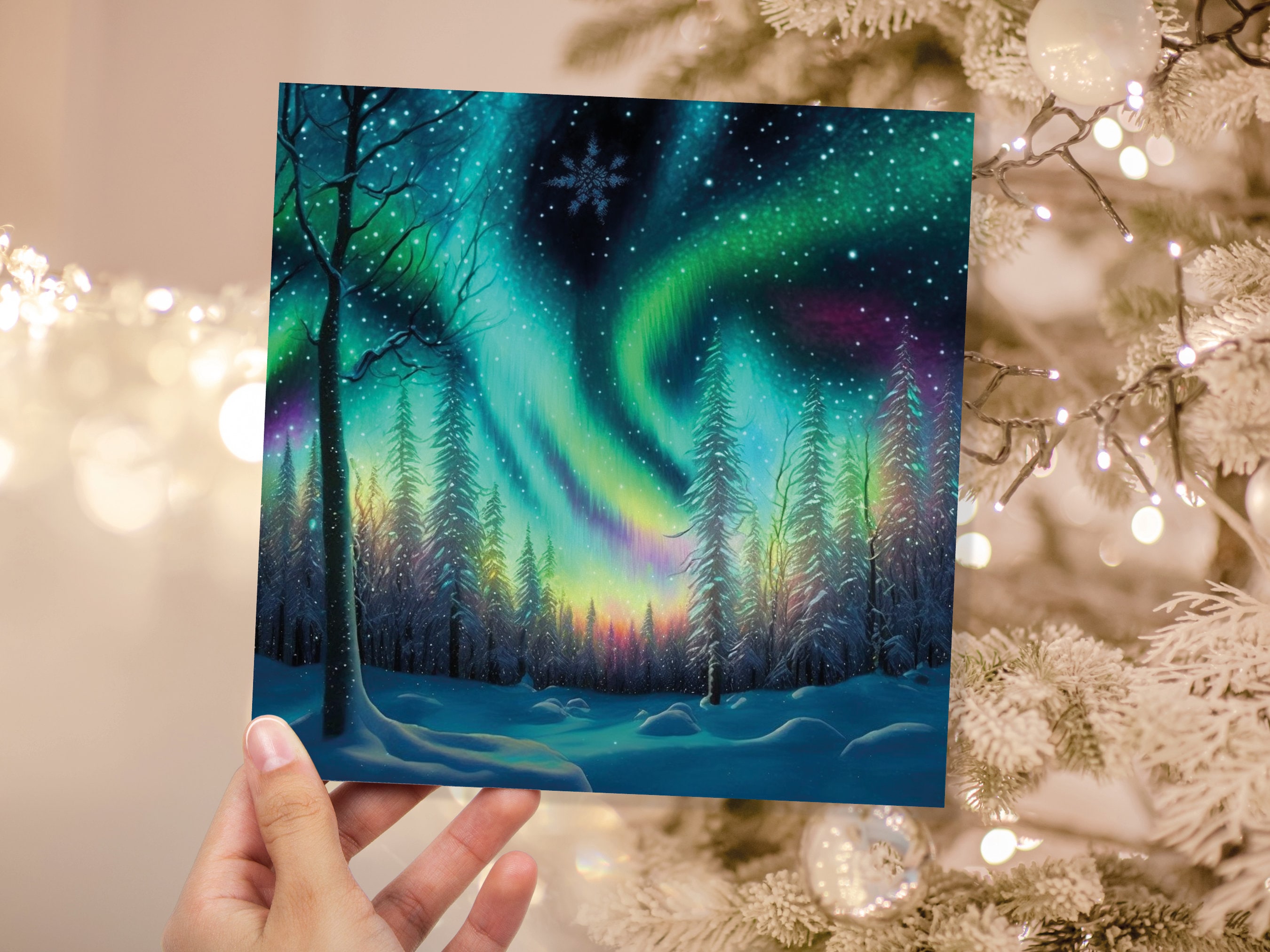 Northern Lights Christmas Cards Beautiful Winter Snow Scene Snowy Scenery Green Aurora Borealis Xmas Cards For Family Friends 2025 Holidays - View 2