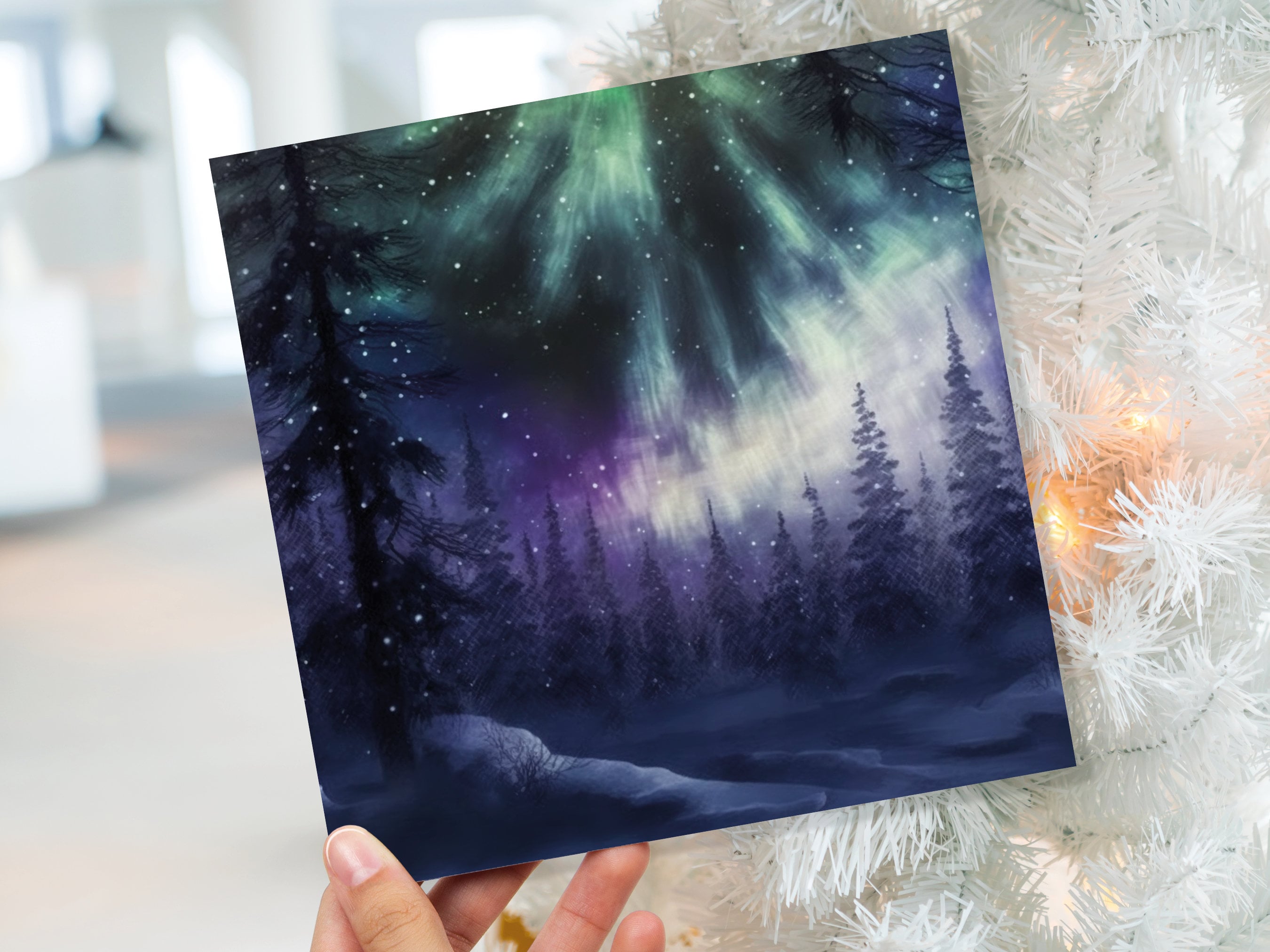 Magical Northern Lights Christmas Card Forest Snow Scene Snowy Woodland Green Blue Purple Aurora Borealis Xmas Cards For Family Friends 2025 - View 2
