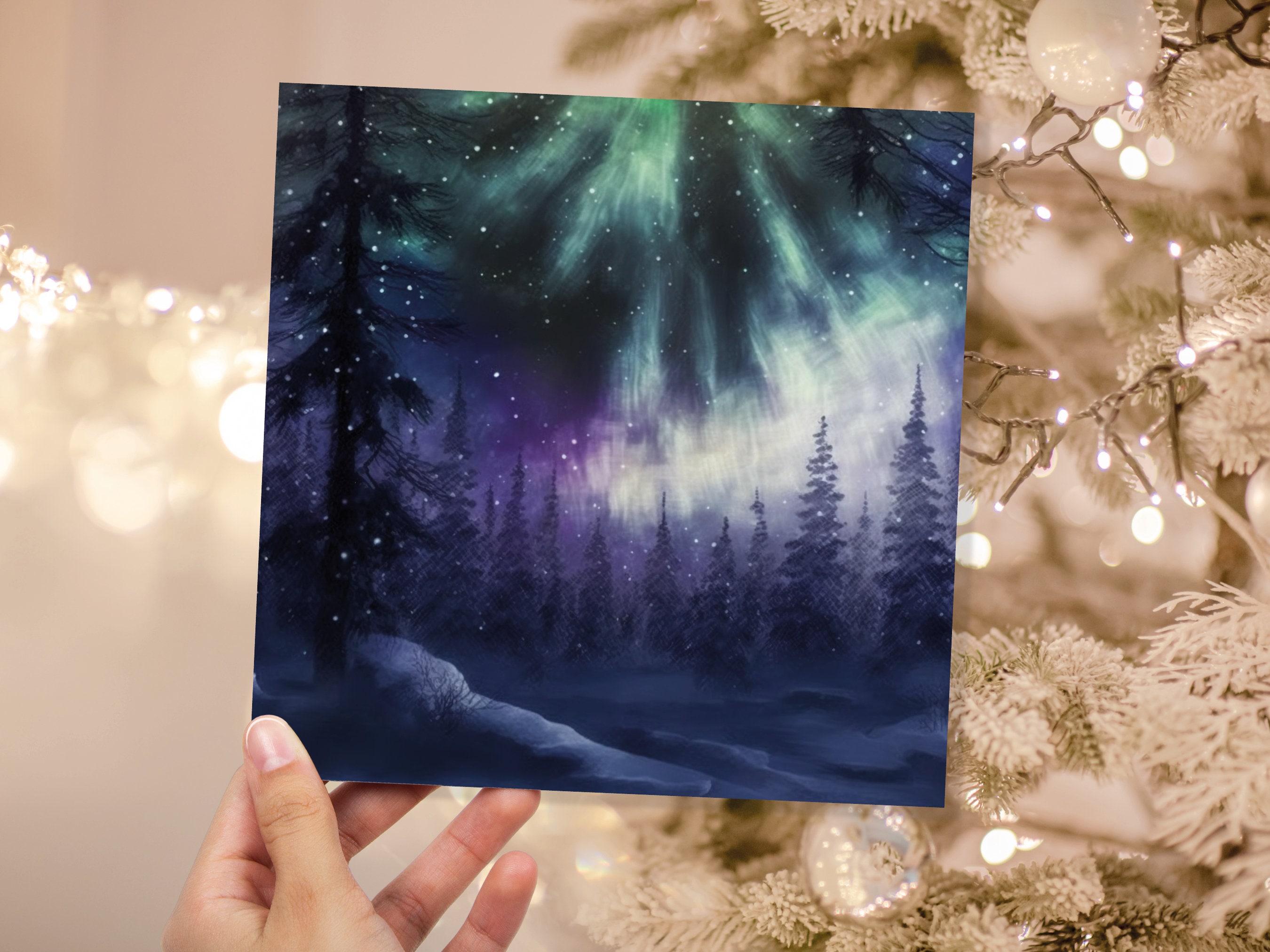 Magical Northern Lights Christmas Card Forest Snow Scene Snowy Woodland Green Blue Purple Aurora Borealis Xmas Cards For Family Friends 2025 - View 4