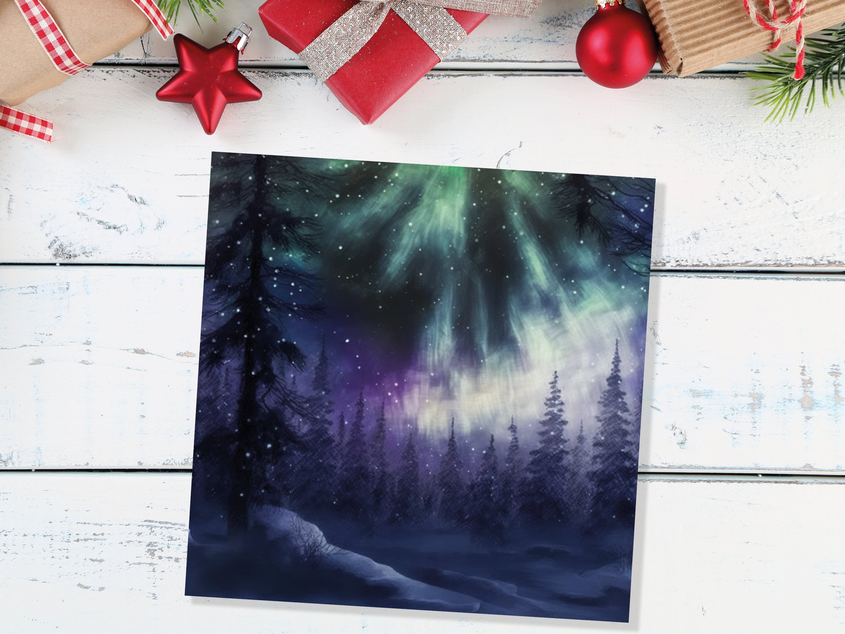 Magical Northern Lights Christmas Card Forest Snow Scene Snowy Woodland Green Blue Purple Aurora Borealis Xmas Cards For Family Friends 2025 - View 9