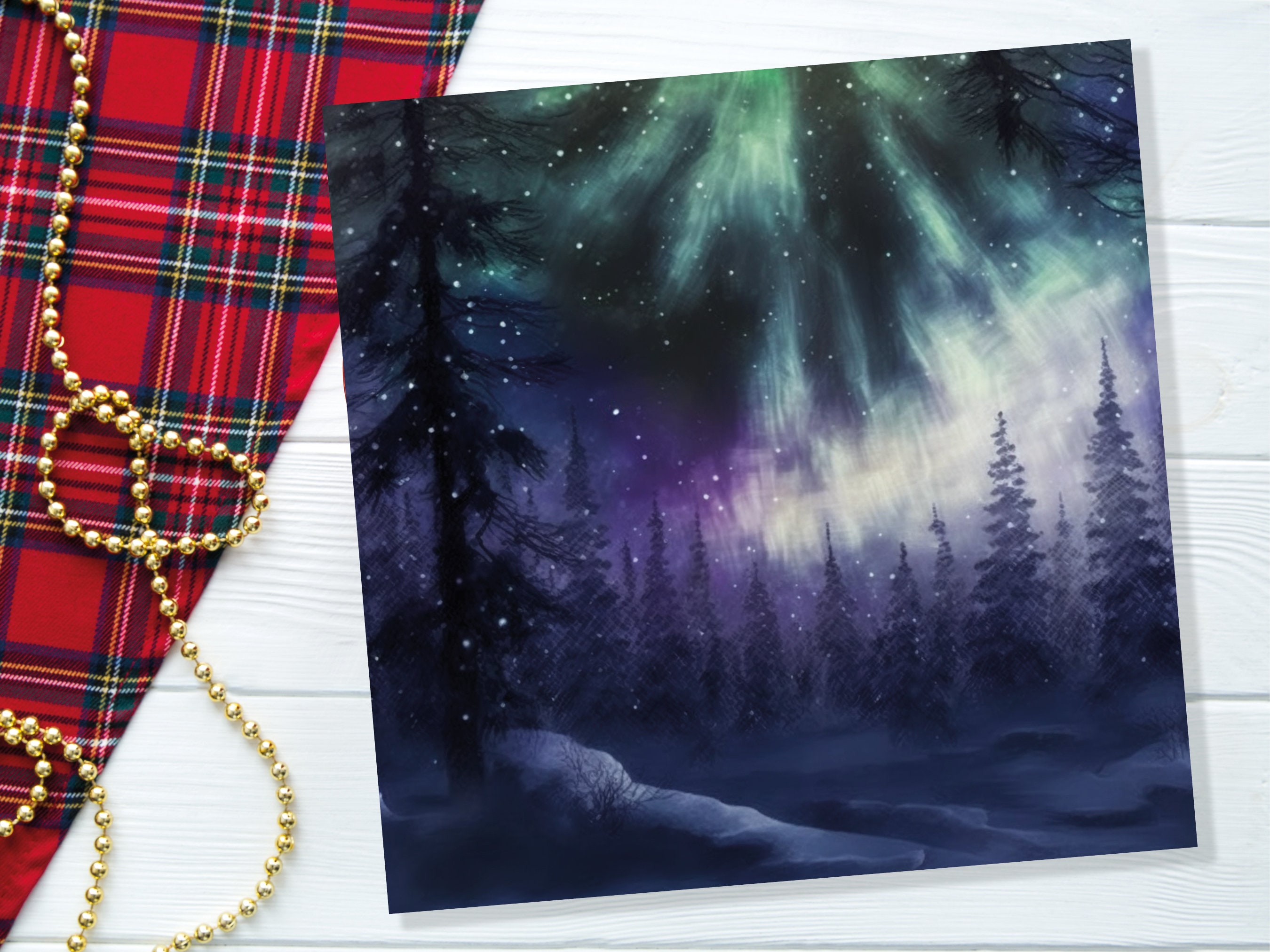Magical Northern Lights Christmas Card Forest Snow Scene Snowy Woodland Green Blue Purple Aurora Borealis Xmas Cards For Family Friends 2025 - View 6