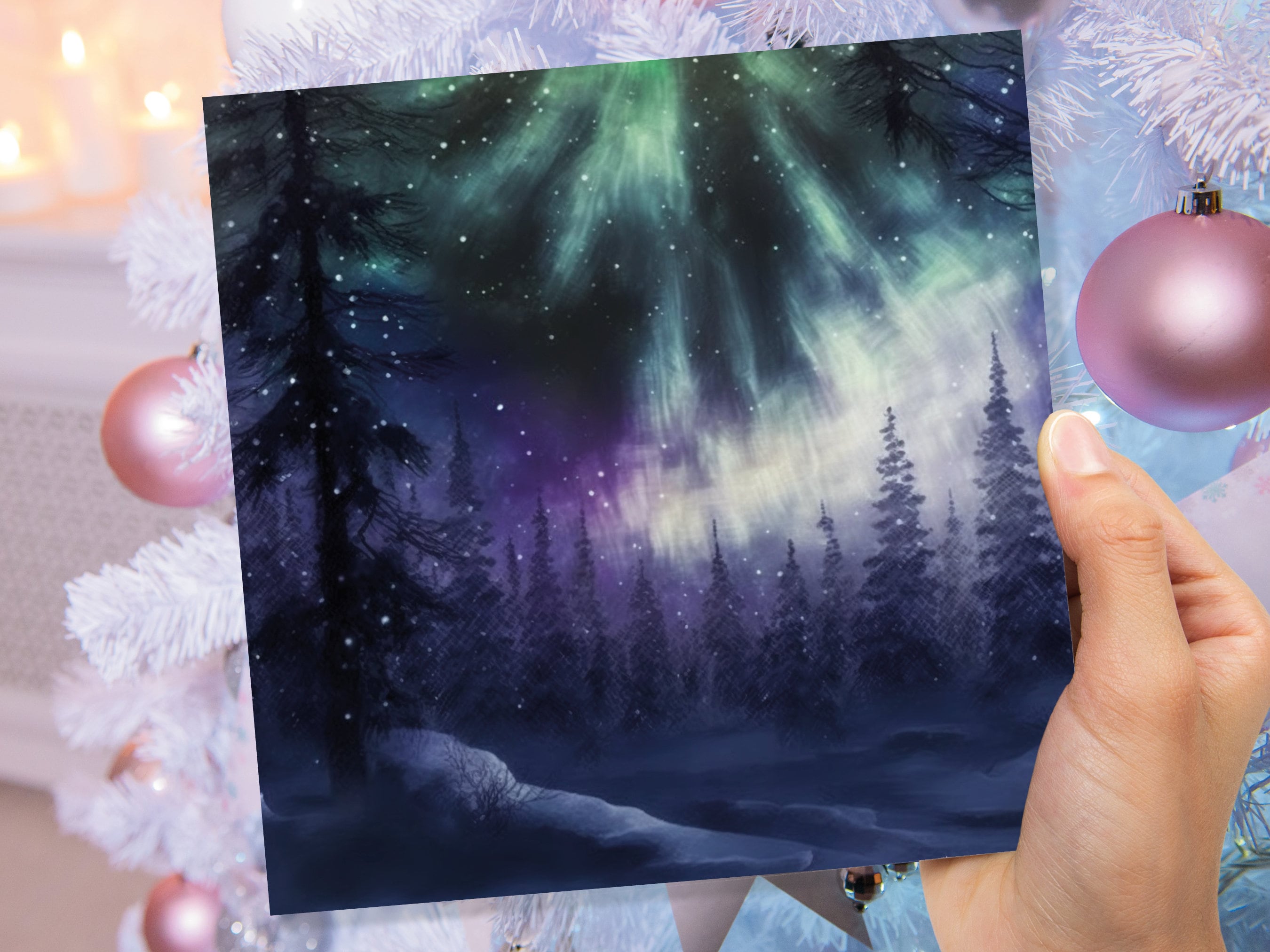 Magical Northern Lights Christmas Card Forest Snow Scene Snowy Woodland Green Blue Purple Aurora Borealis Xmas Cards For Family Friends 2025 - View 8