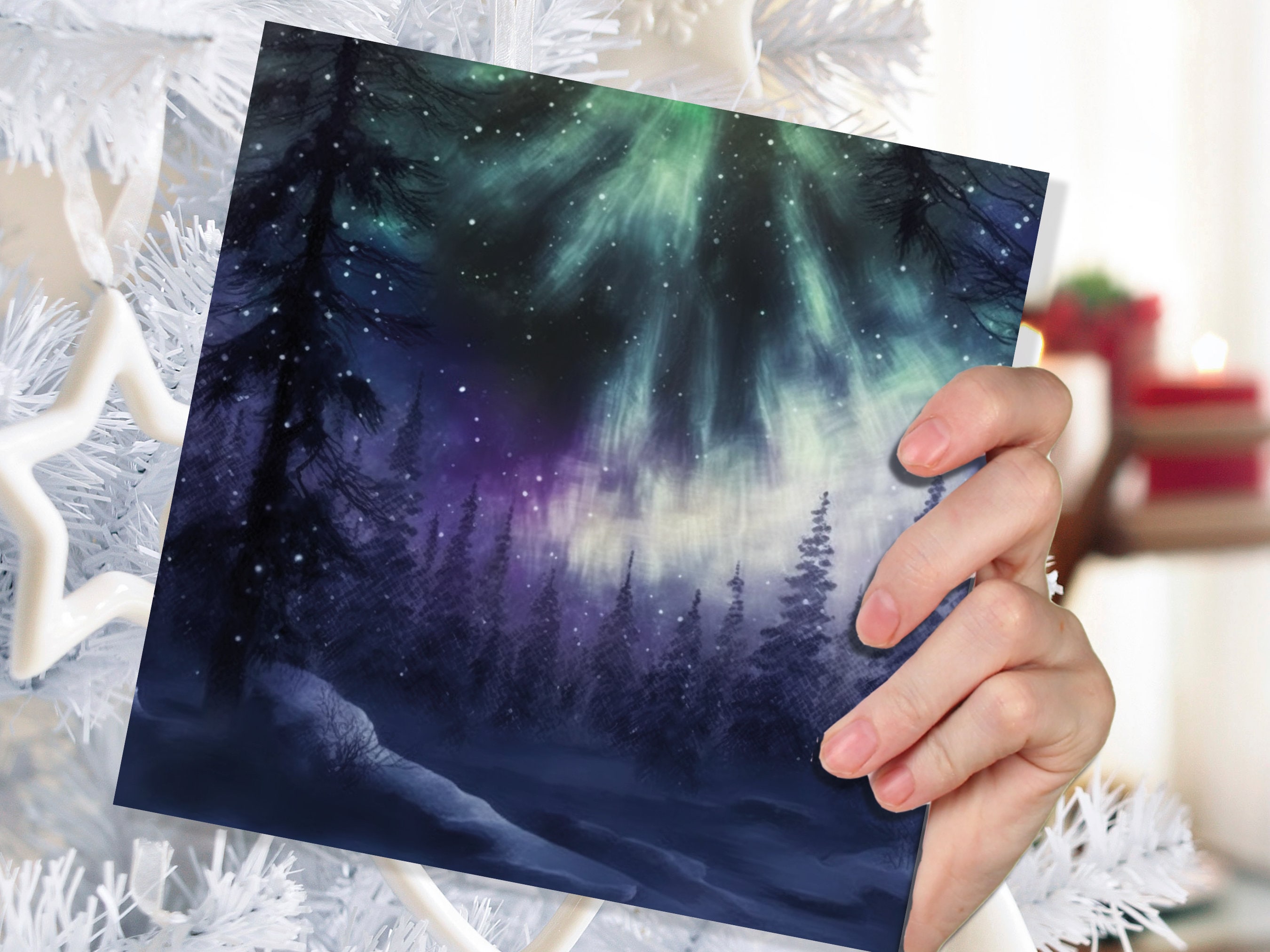 Magical Northern Lights Christmas Card Forest Snow Scene Snowy Woodland Green Blue Purple Aurora Borealis Xmas Cards For Family Friends 2025 - View 7