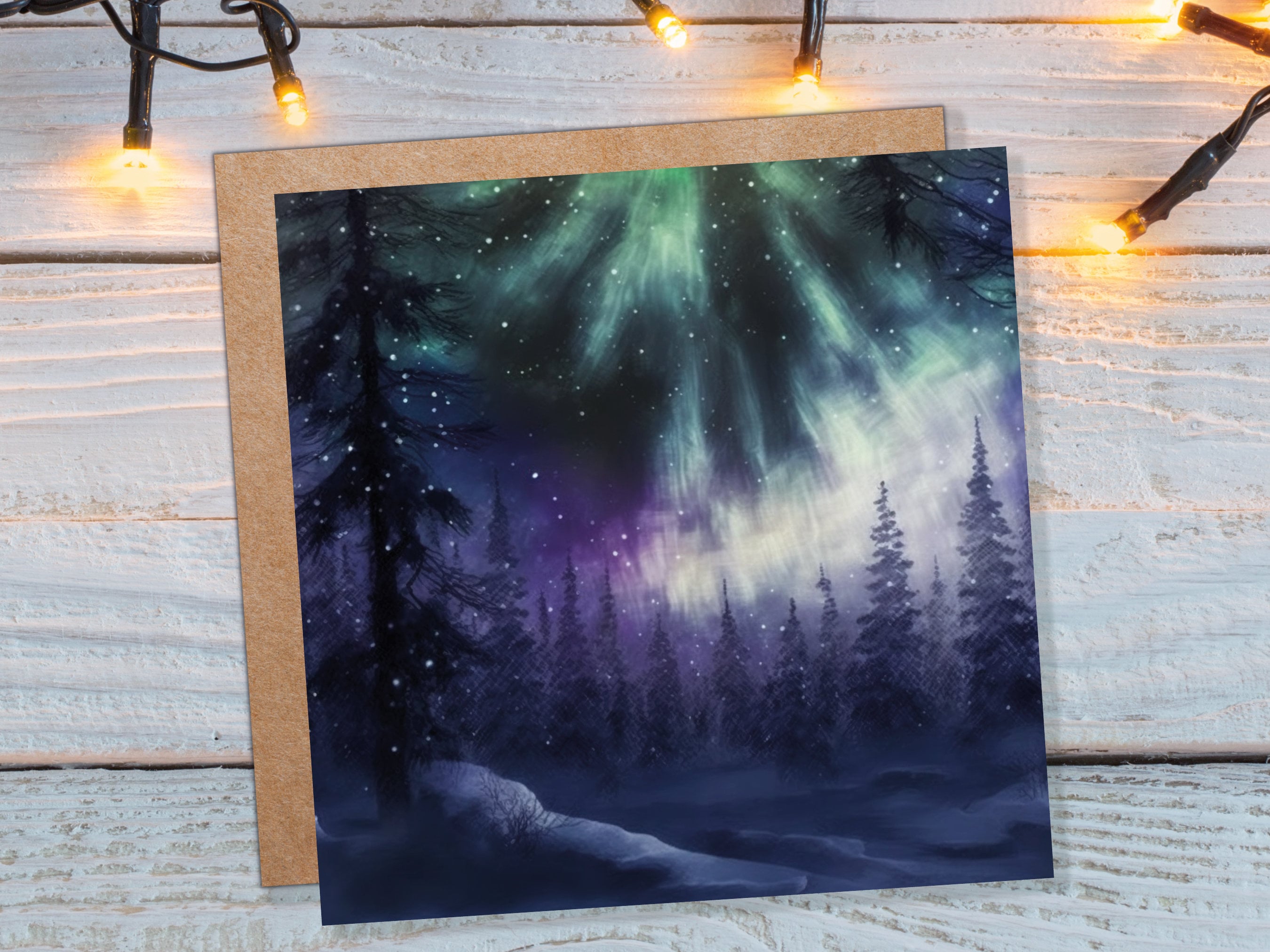 Magical Northern Lights Christmas Card Forest Snow Scene Snowy Woodland Green Blue Purple Aurora Borealis Xmas Cards For Family Friends 2025 - View 3