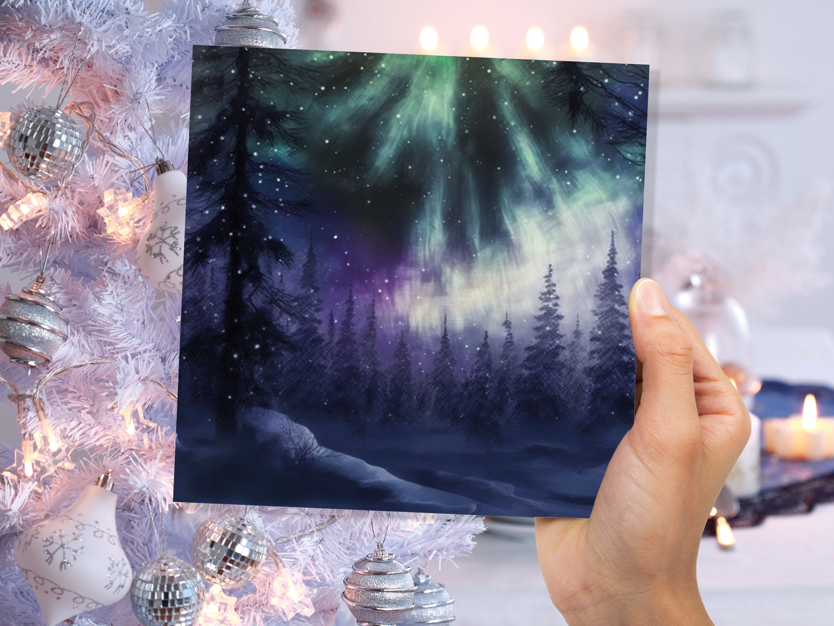 Magical Northern Lights Christmas Card Forest Snow Scene Snowy Woodland Green Blue Purple Aurora Borealis Xmas Cards For Family Friends 2025