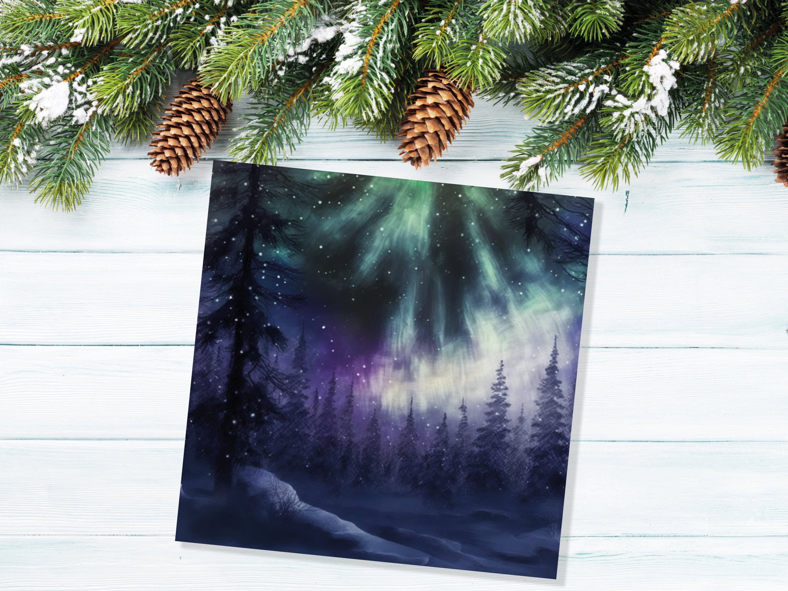 Magical Northern Lights Christmas Card Forest Snow Scene Snowy Woodland Green Blue Purple Aurora Borealis Xmas Cards For Family Friends 2025 - View 5