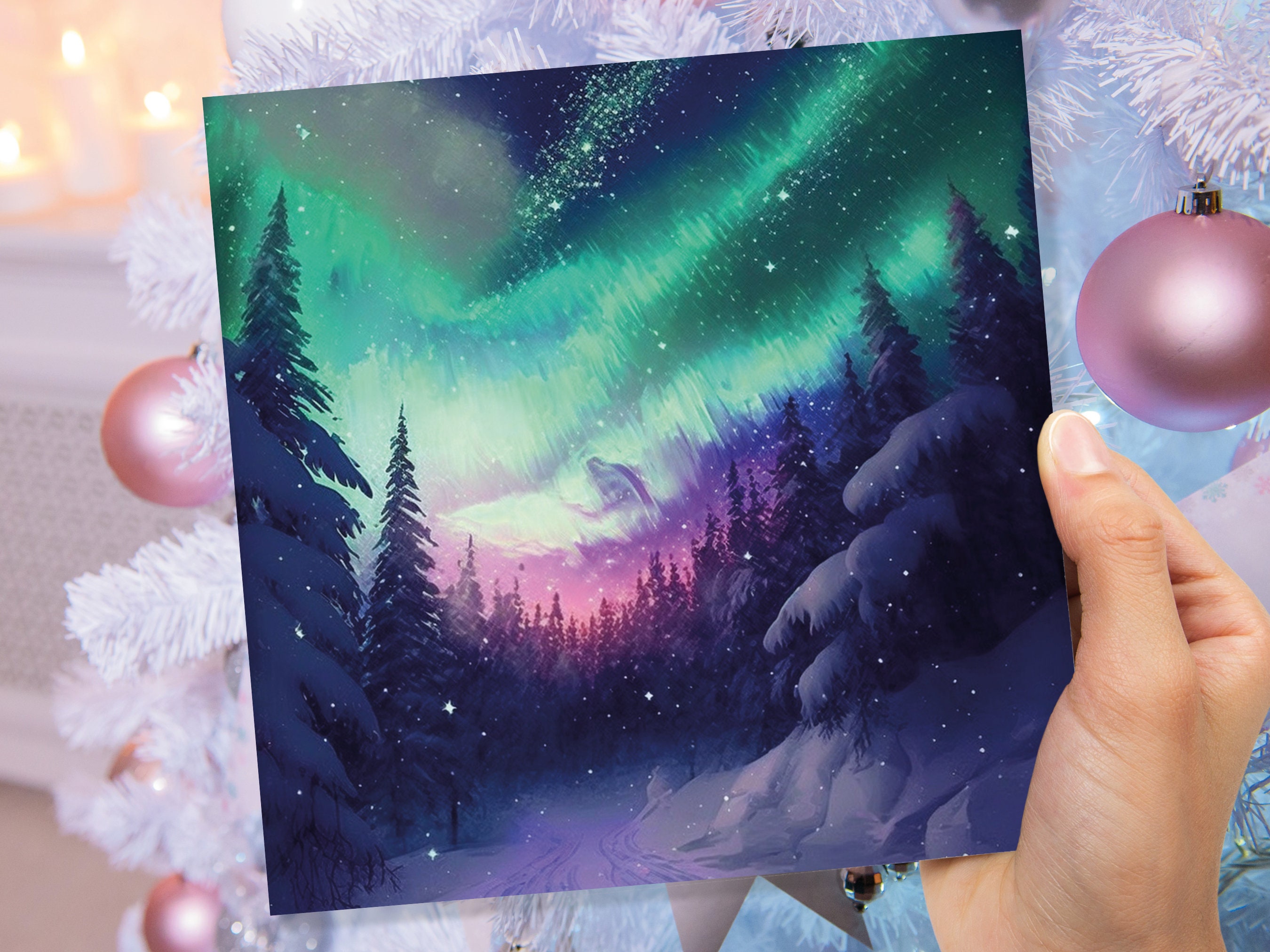 Northern Lights Christmas Cards Forest Snow Scene Stars Snowy Woodland Green Pink Purple Aurora Borealis Xmas Cards For Family Friends 2025 - View 8