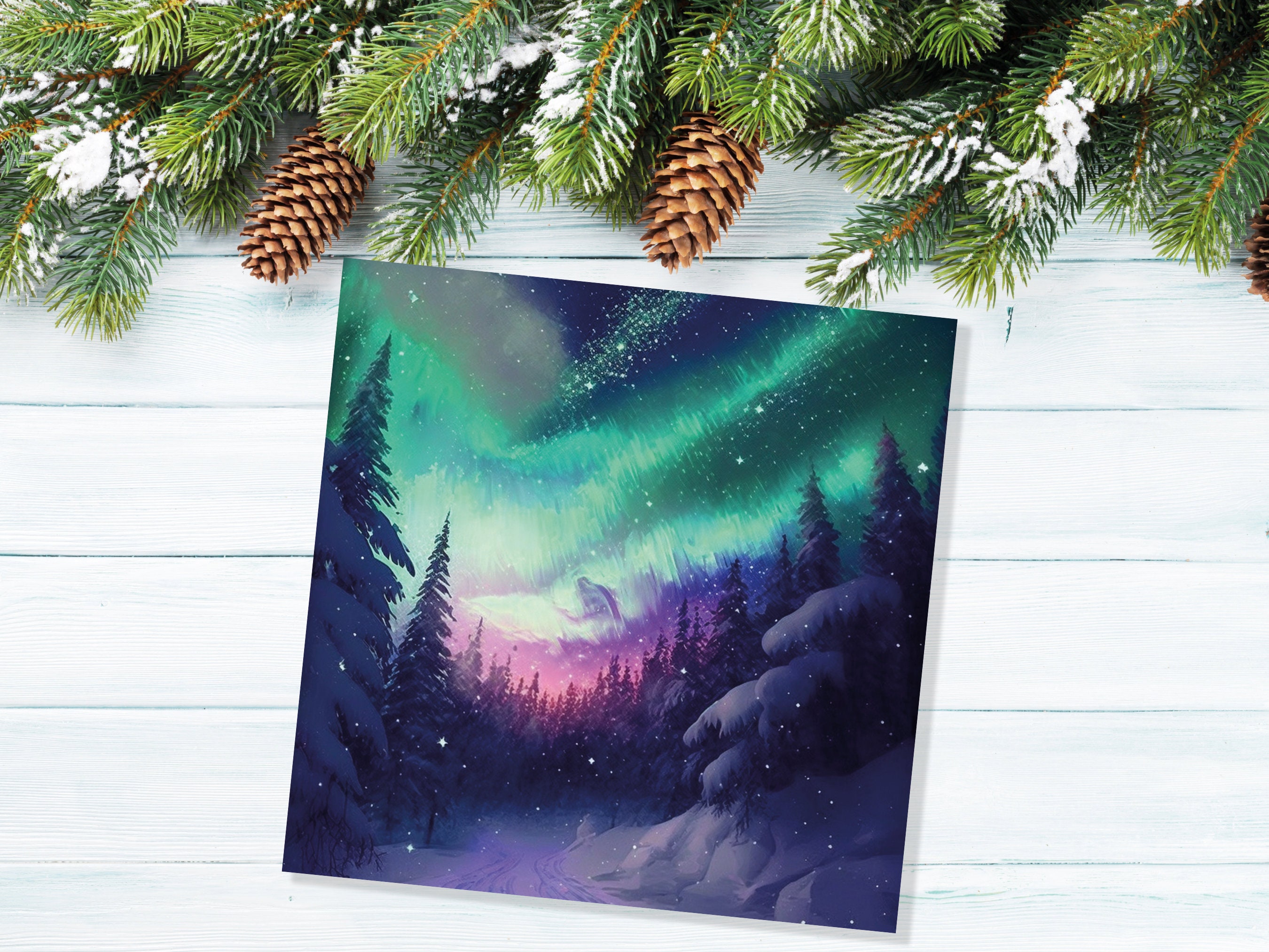Northern Lights Christmas Cards Forest Snow Scene Stars Snowy Woodland Green Pink Purple Aurora Borealis Xmas Cards For Family Friends 2025 - View 5