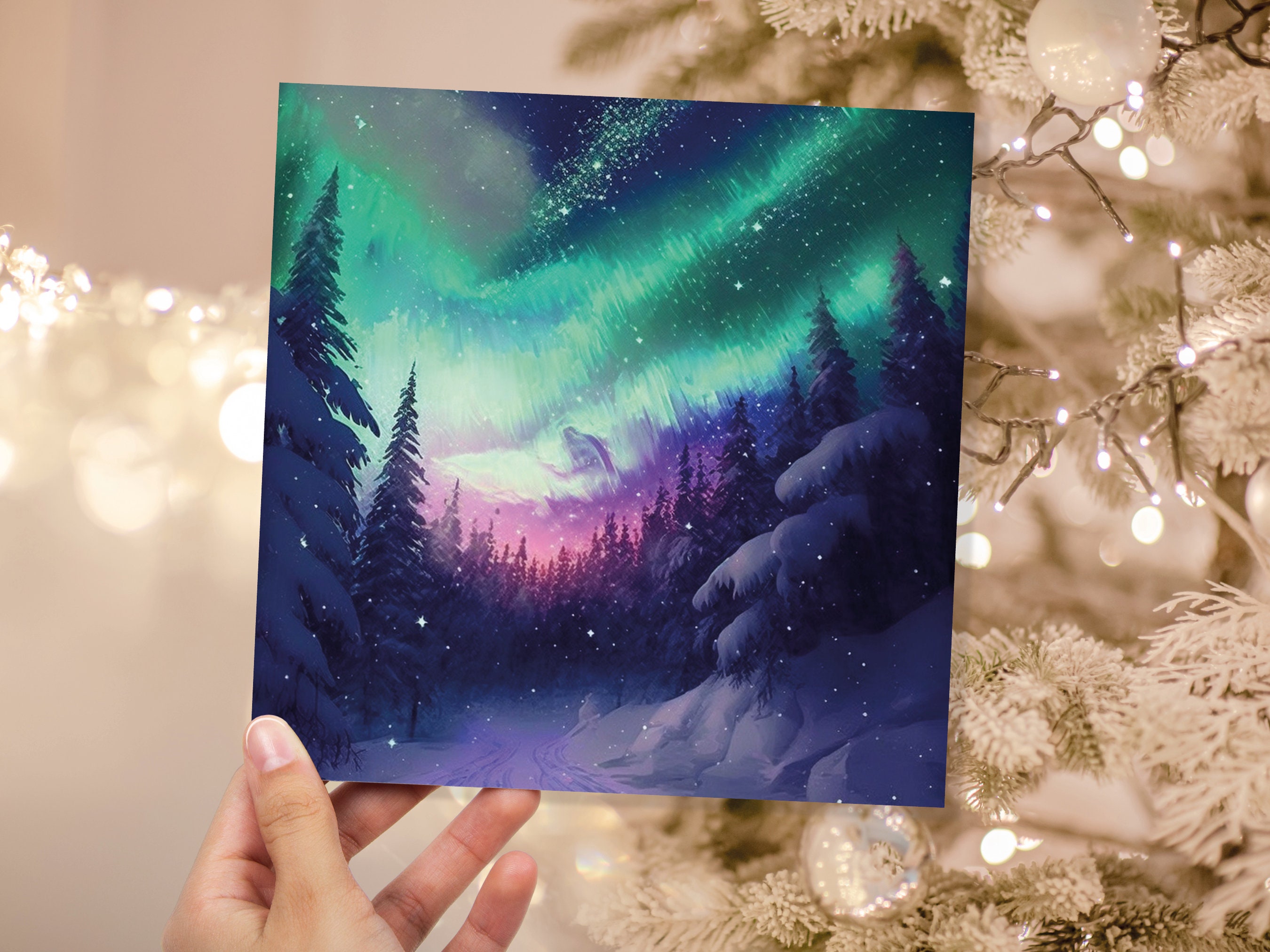 Northern Lights Christmas Cards Forest Snow Scene Stars Snowy Woodland Green Pink Purple Aurora Borealis Xmas Cards For Family Friends 2025 - View 3