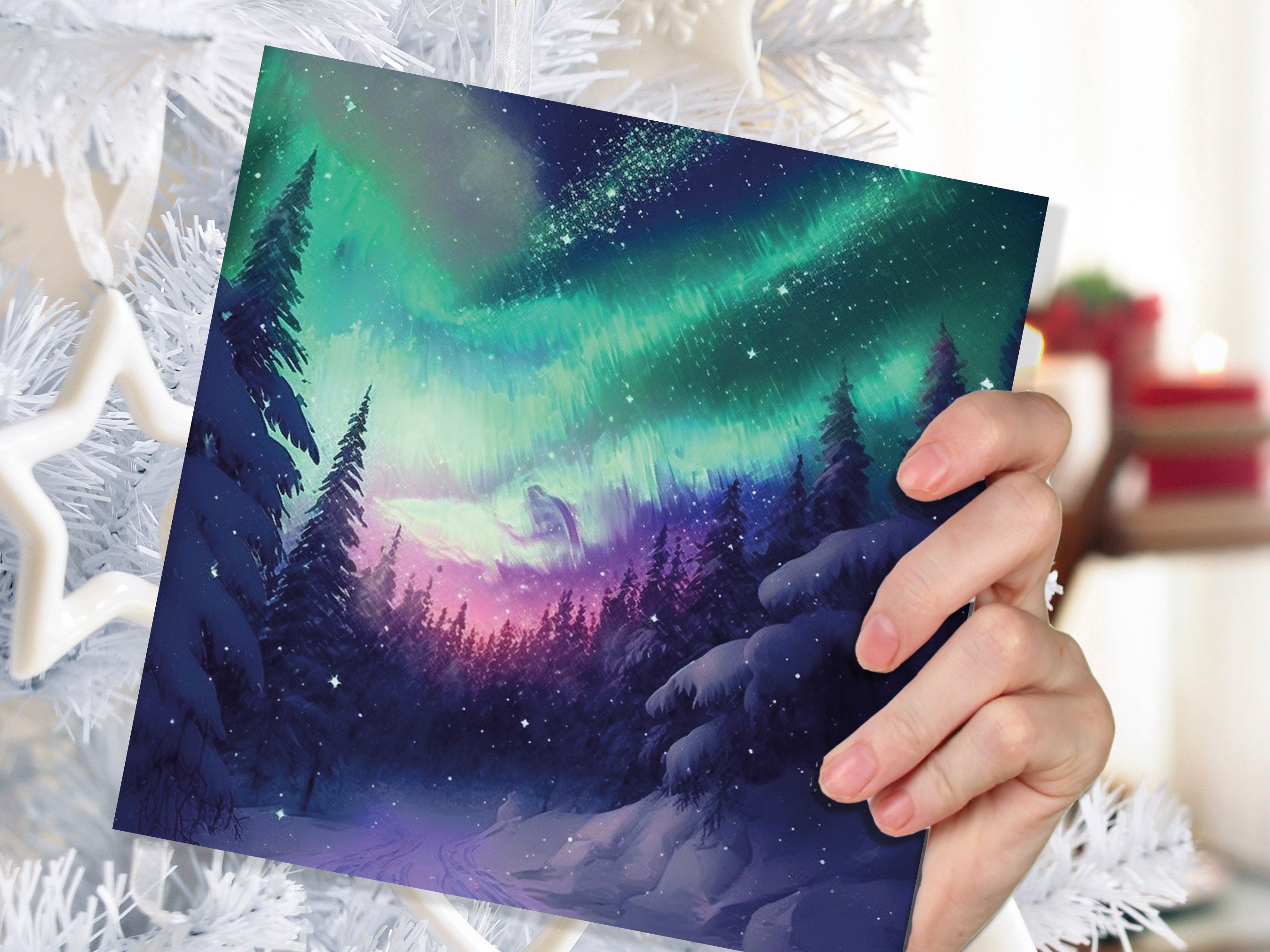 Northern Lights Christmas Cards Forest Snow Scene Stars Snowy Woodland Green Pink Purple Aurora Borealis Xmas Cards For Family Friends 2025 - View 7