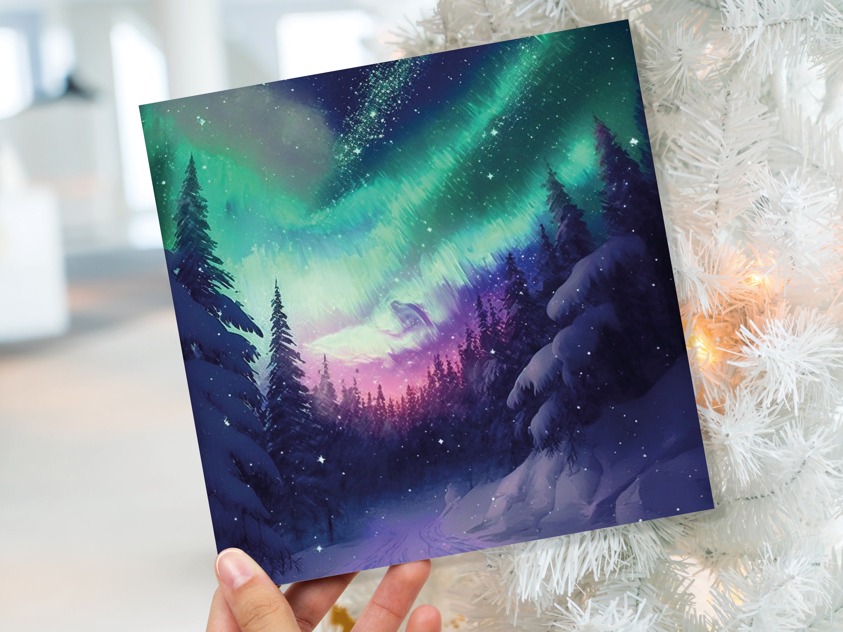 Northern Lights Christmas Cards Forest Snow Scene Stars Snowy Woodland Green Pink Purple Aurora Borealis Xmas Cards For Family Friends 2025