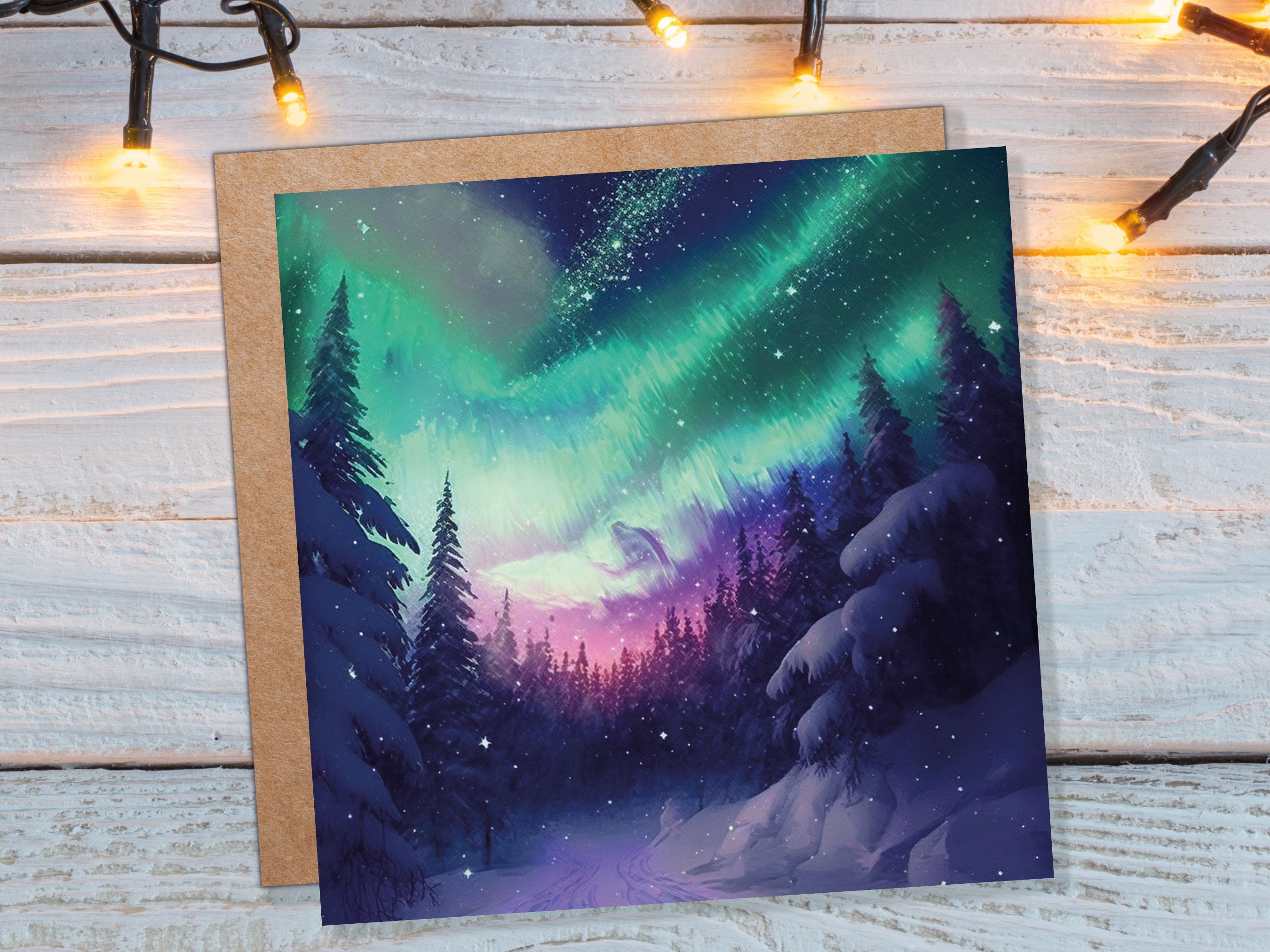 Northern Lights Christmas Cards Forest Snow Scene Stars Snowy Woodland Green Pink Purple Aurora Borealis Xmas Cards For Family Friends 2025 - View 2