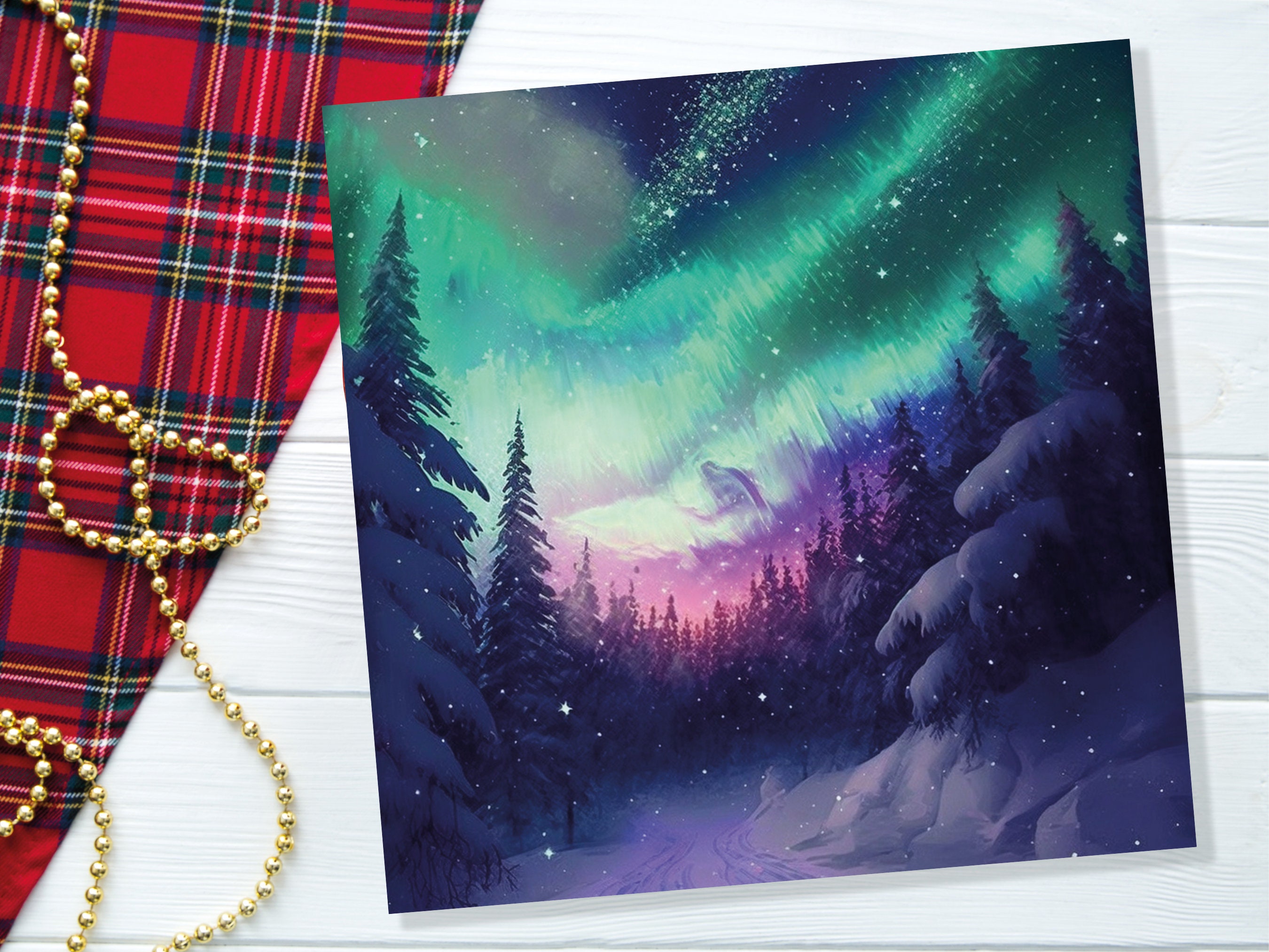 Northern Lights Christmas Cards Forest Snow Scene Stars Snowy Woodland Green Pink Purple Aurora Borealis Xmas Cards For Family Friends 2025 - View 6