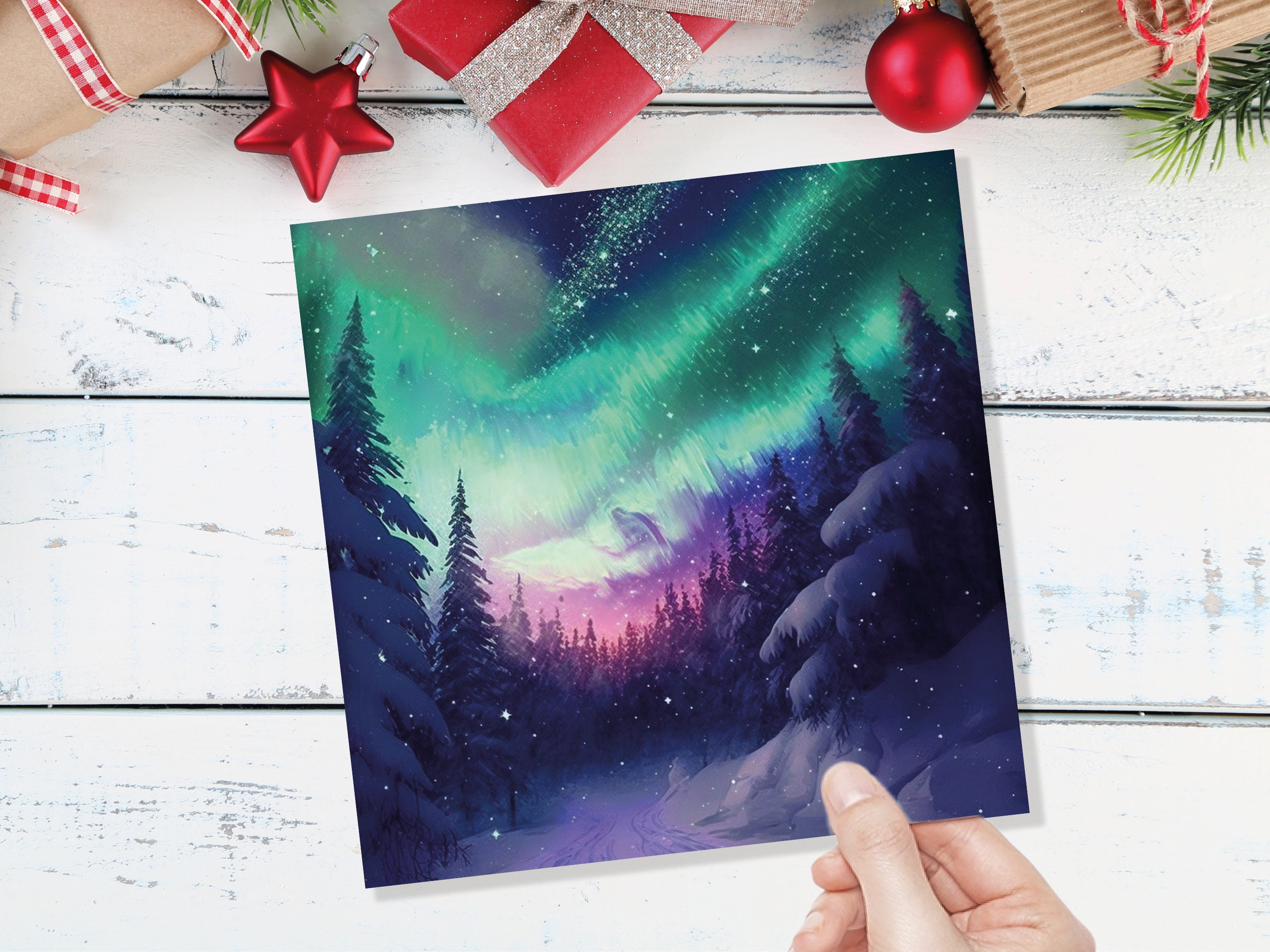 Northern Lights Christmas Cards Forest Snow Scene Stars Snowy Woodland Green Pink Purple Aurora Borealis Xmas Cards For Family Friends 2025 - View 9