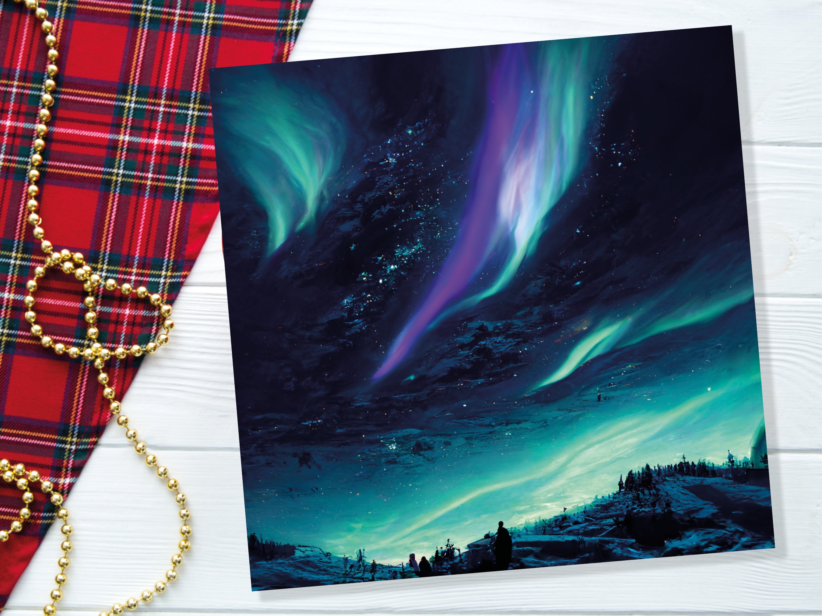 Northern Lights Christmas Card Snow Scene Green Purple Teal Aurora Borealis Polar Sky Starry Winter Night Xmas Cards For Family Friends 2025 - View 5