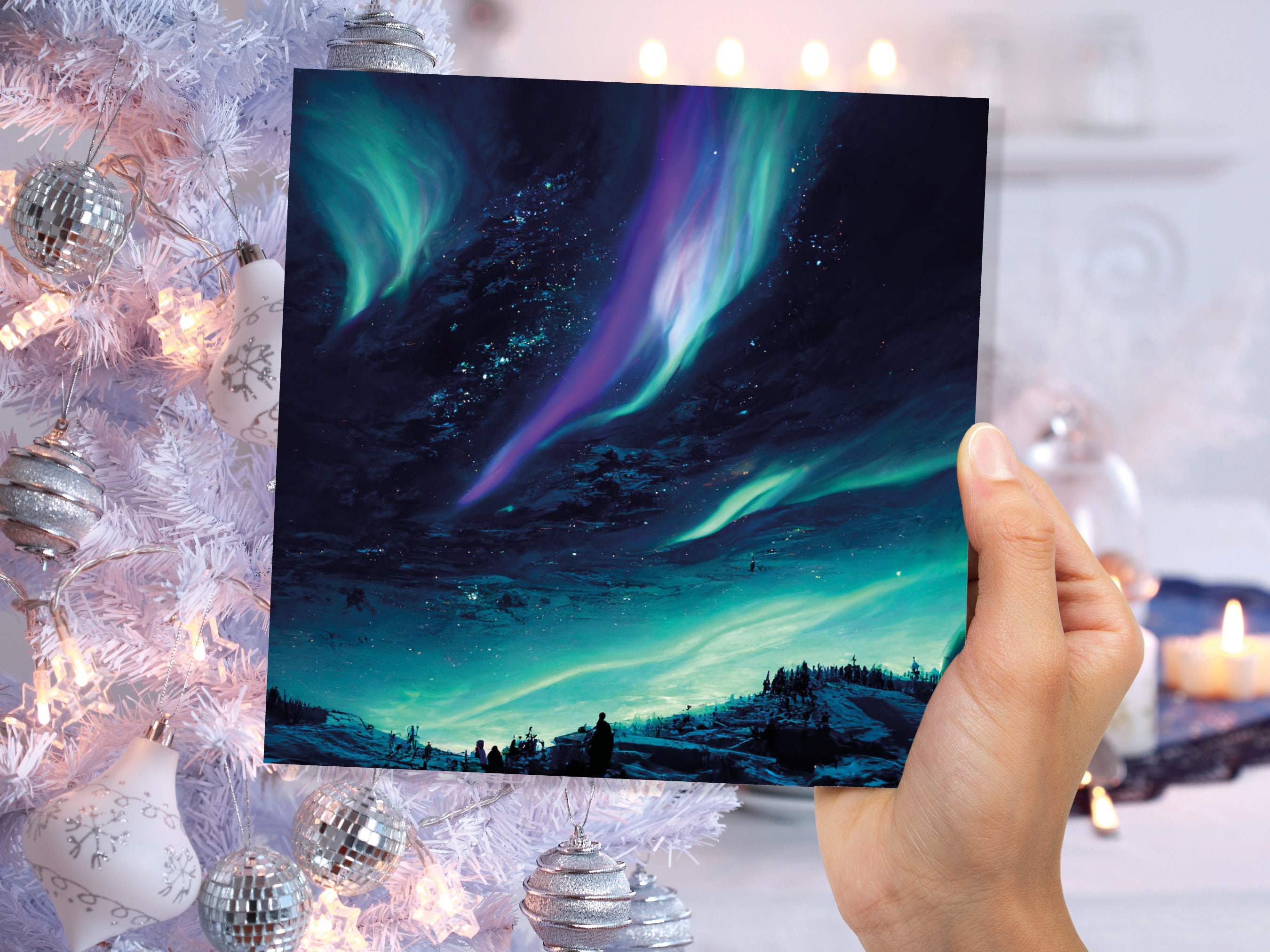 Northern Lights Christmas Card Snow Scene Green Purple Teal Aurora Borealis Polar Sky Starry Winter Night Xmas Cards For Family Friends 2025 - View 3