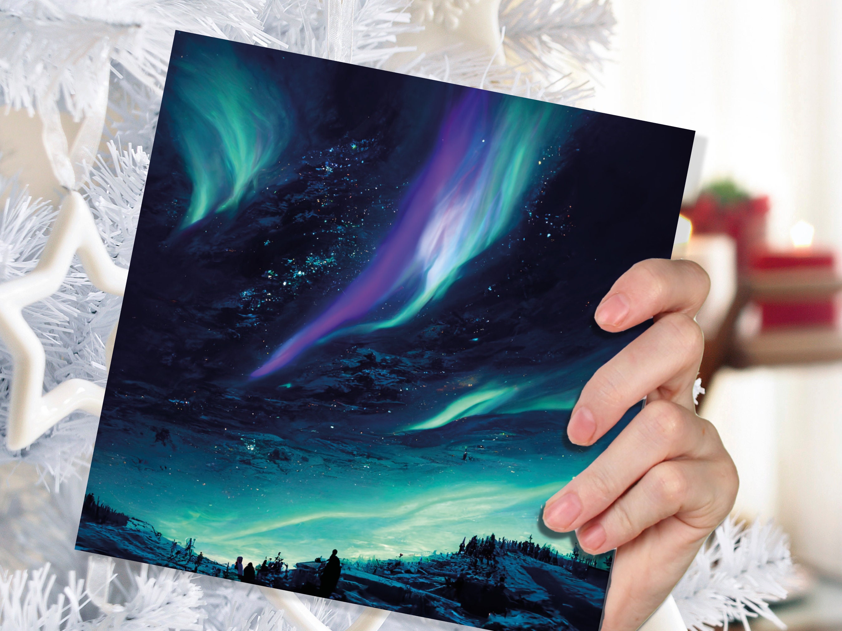 Northern Lights Christmas Card Snow Scene Green Purple Teal Aurora Borealis Polar Sky Starry Winter Night Xmas Cards For Family Friends 2025 - View 6