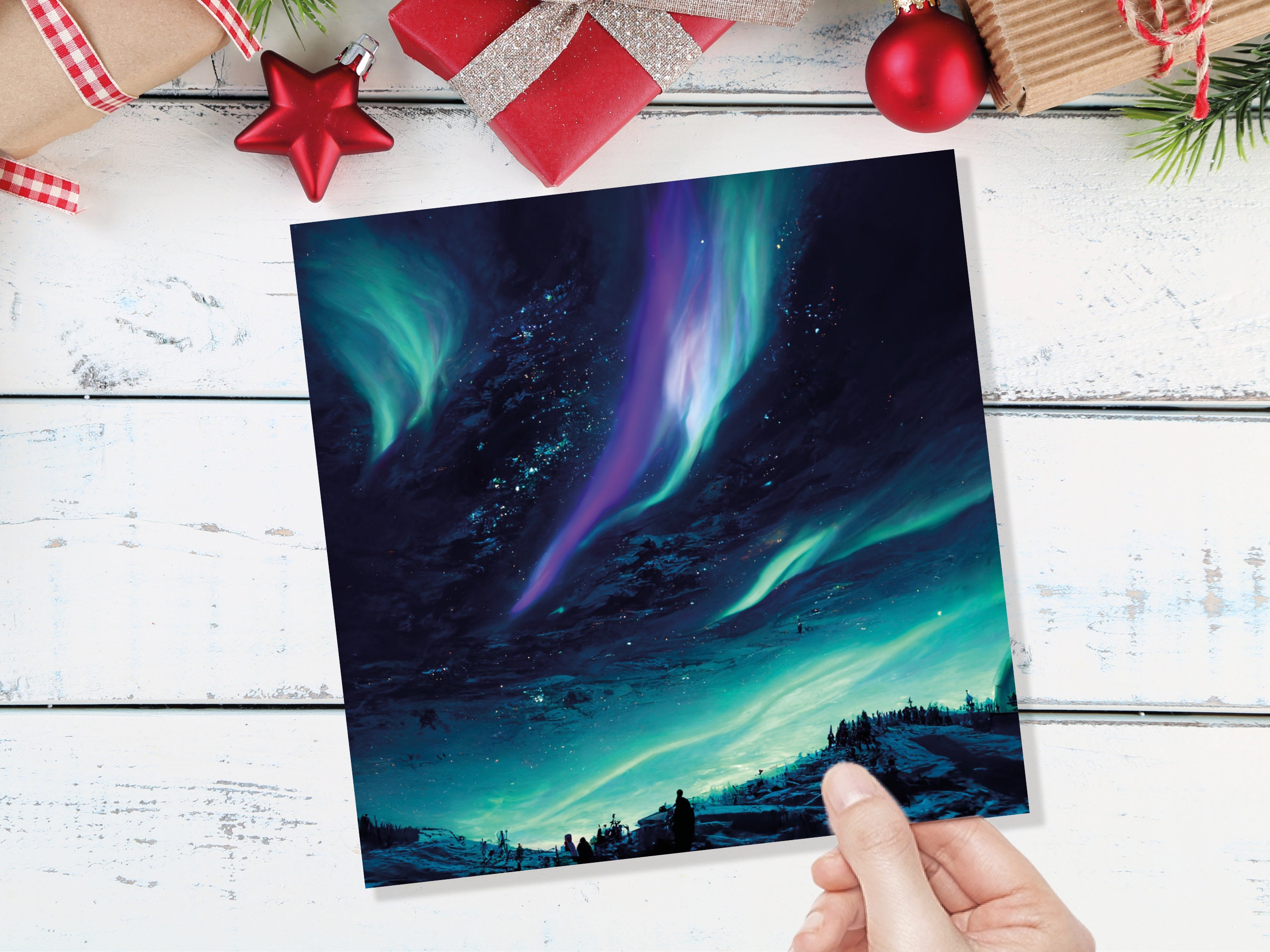 Northern Lights Christmas Card Snow Scene Green Purple Teal Aurora Borealis Polar Sky Starry Winter Night Xmas Cards For Family Friends 2025 - View 8