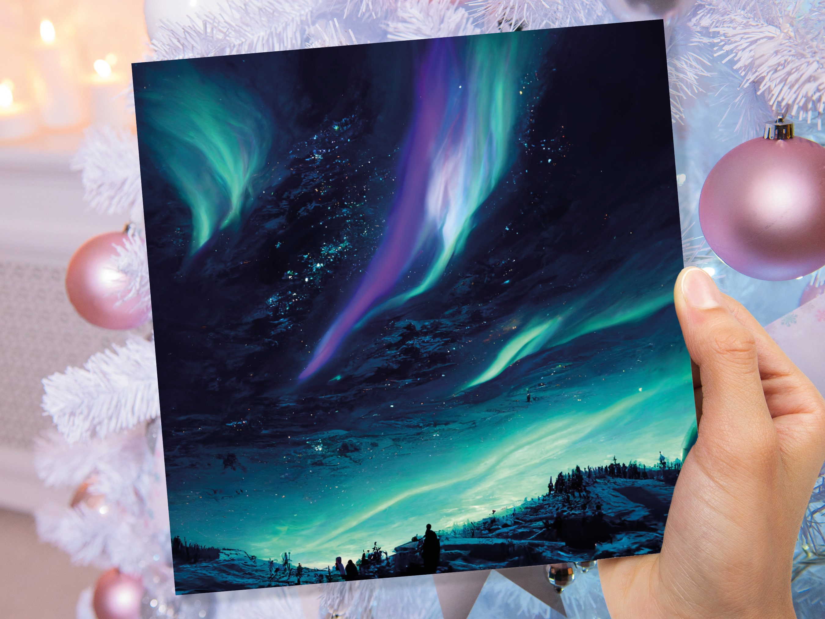 Northern Lights Christmas Card Snow Scene Green Purple Teal Aurora Borealis Polar Sky Starry Winter Night Xmas Cards For Family Friends 2025 - View 7