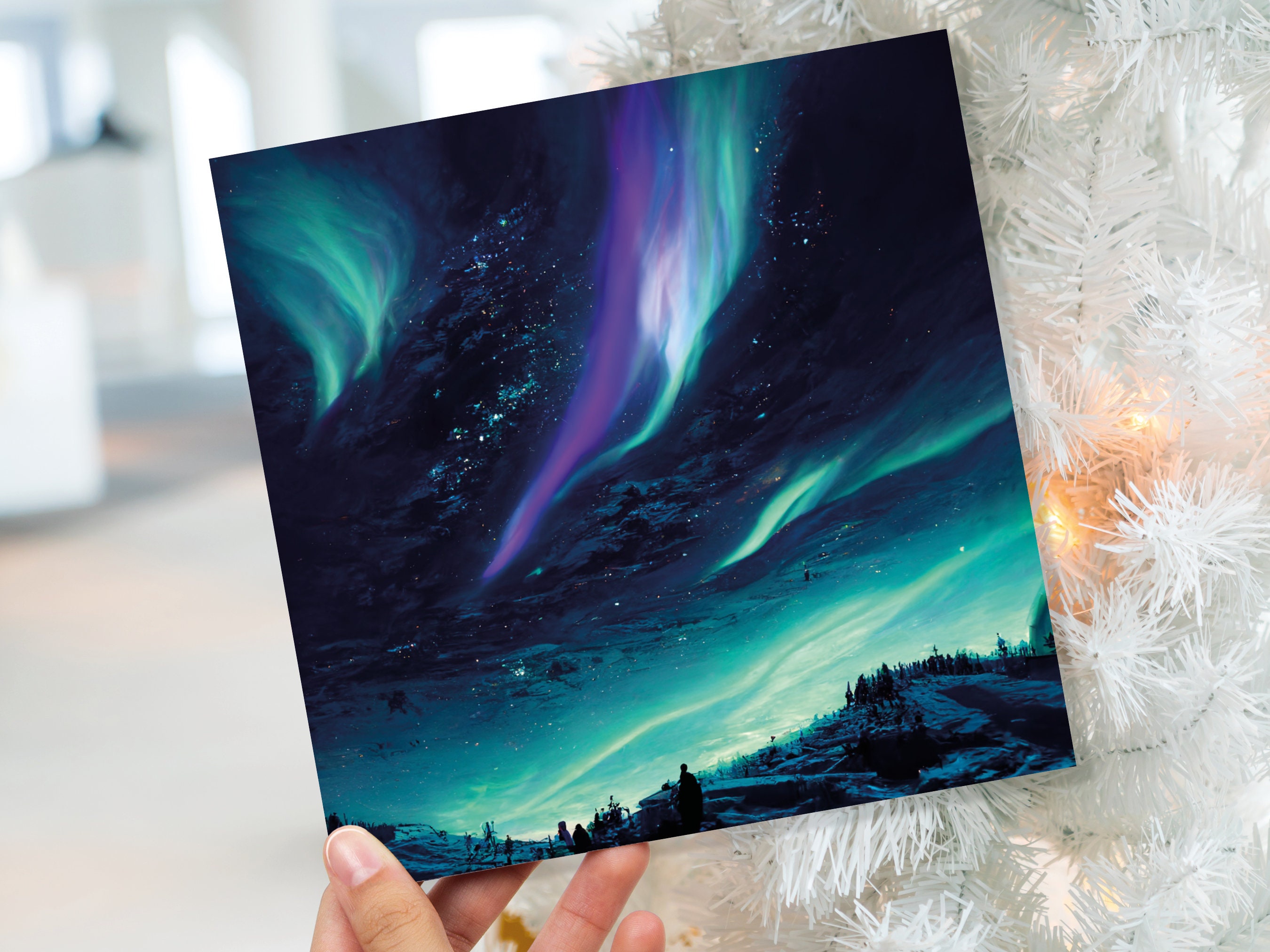 Northern Lights Christmas Card Snow Scene Green Purple Teal Aurora Borealis Polar Sky Starry Winter Night Xmas Cards For Family Friends 2025 - View 9