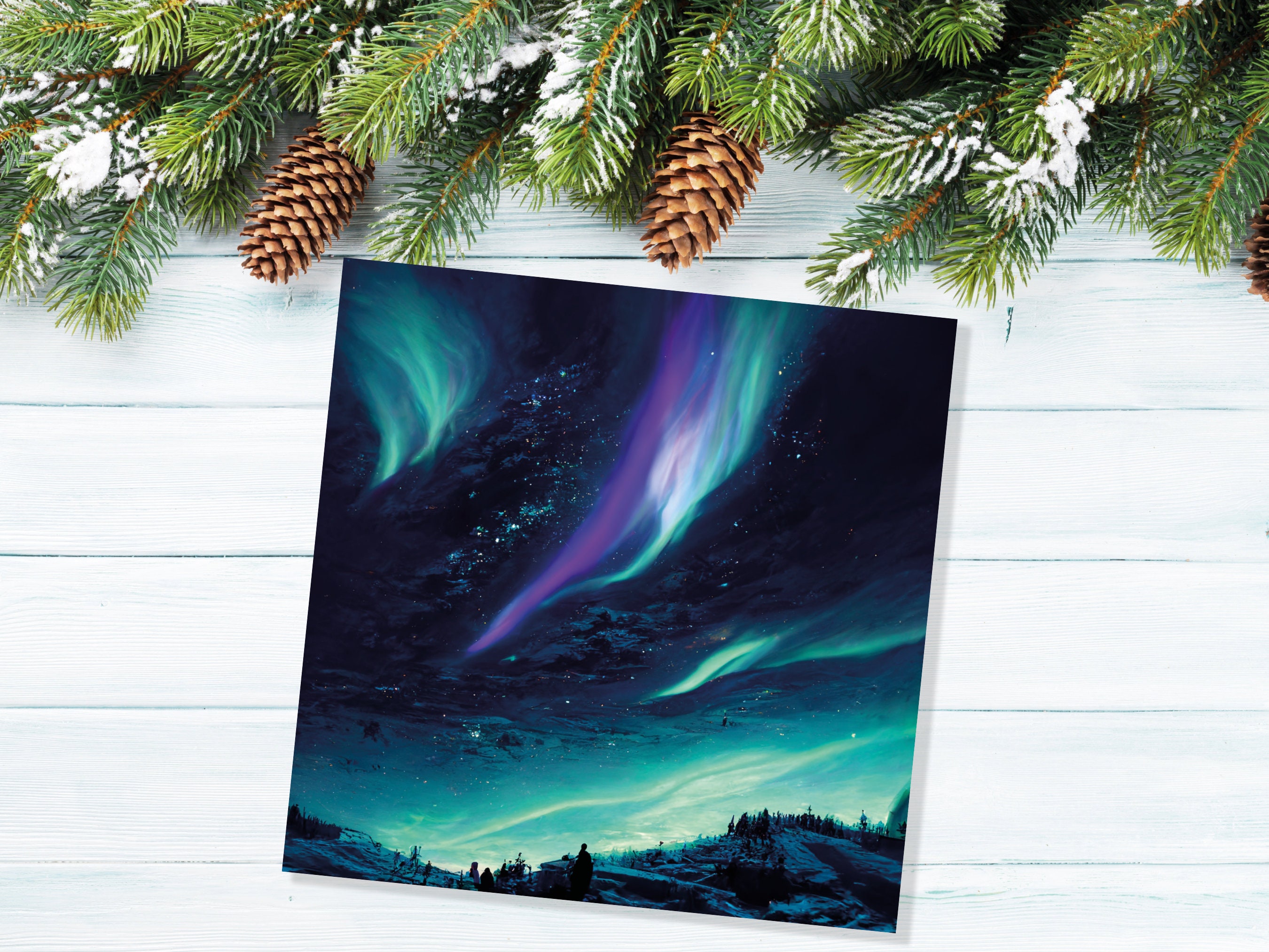 Northern Lights Christmas Card Snow Scene Green Purple Teal Aurora Borealis Polar Sky Starry Winter Night Xmas Cards For Family Friends 2025 - View 4