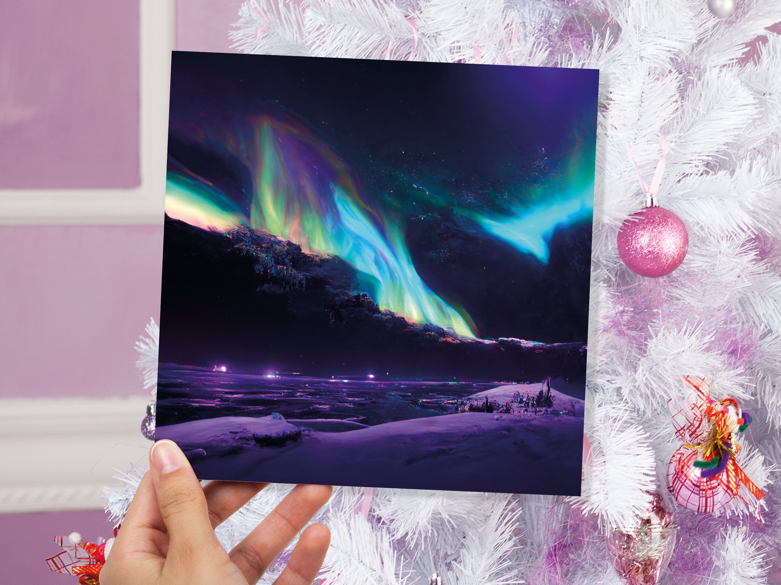 Magical Northern Lights Greeting Cards Aurora Borealis Rainbow Card Glowing Landscape Snowy Scenery Lake Water For Family Friends Xmas 2025