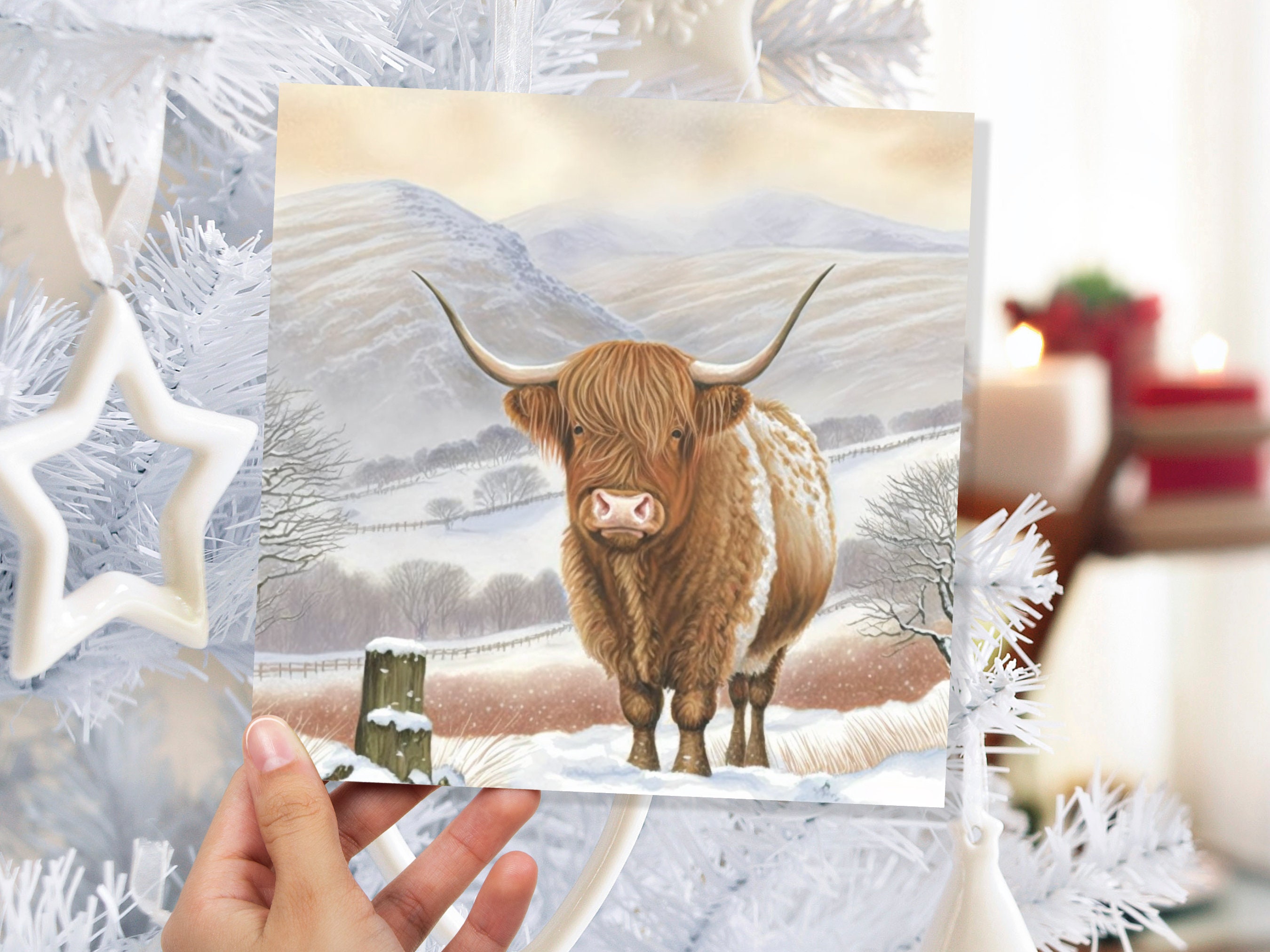 Watercolour Highland Cow Cards Scottish Highlands Winter Snow Scene Mountains Hills Painting Card For Family Friend Xmas 2025 Thank You Coo - View 3