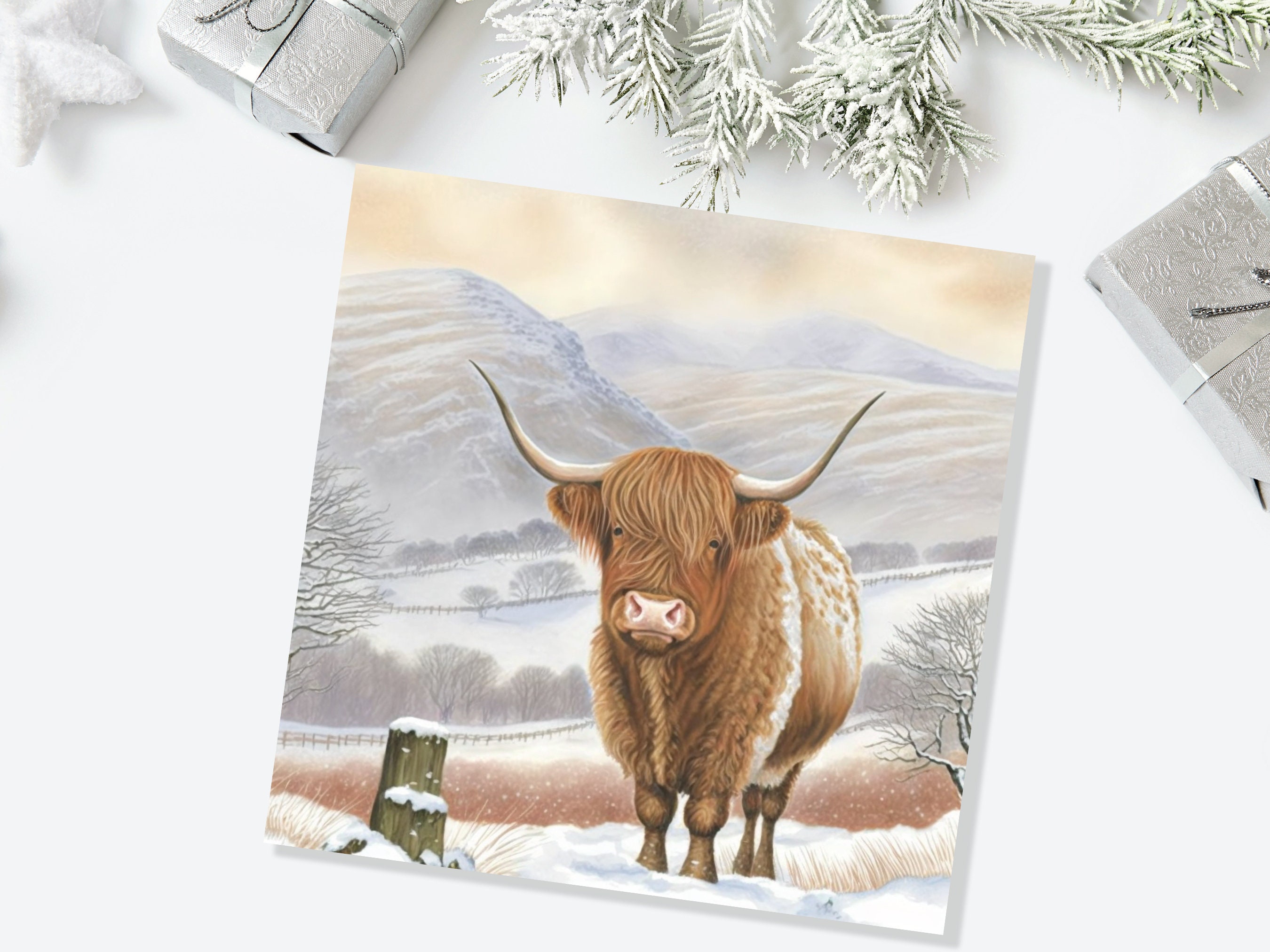 Watercolour Highland Cow Cards Scottish Highlands Winter Snow Scene Mountains Hills Painting Card For Family Friend Xmas 2025 Thank You Coo - View 2