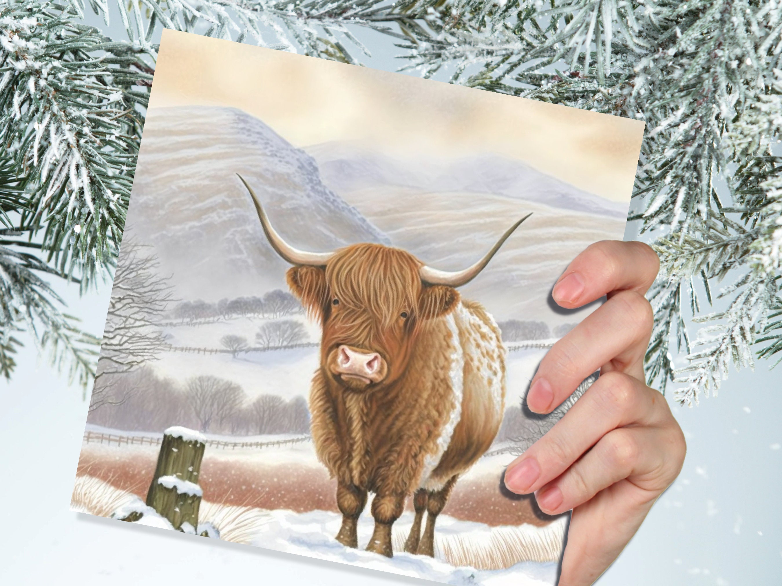 Watercolour Highland Cow Cards Scottish Highlands Winter Snow Scene Mountains Hills Painting Card For Family Friend Xmas 2025 Thank You Coo - View 7