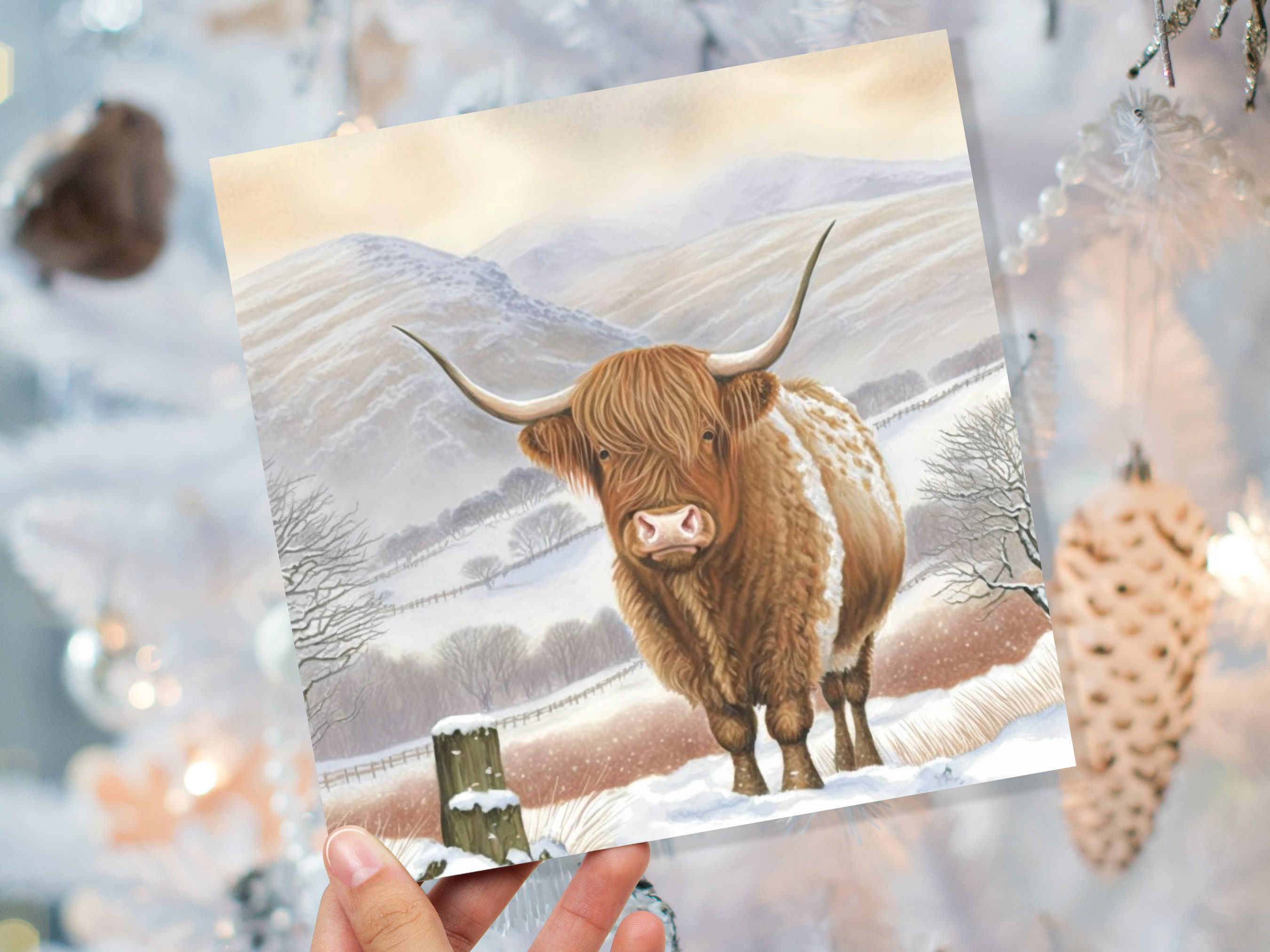 Watercolour Highland Cow Cards Scottish Highlands Winter Snow Scene Mountains Hills Painting Card For Family Friend Xmas 2025 Thank You Coo - View 9