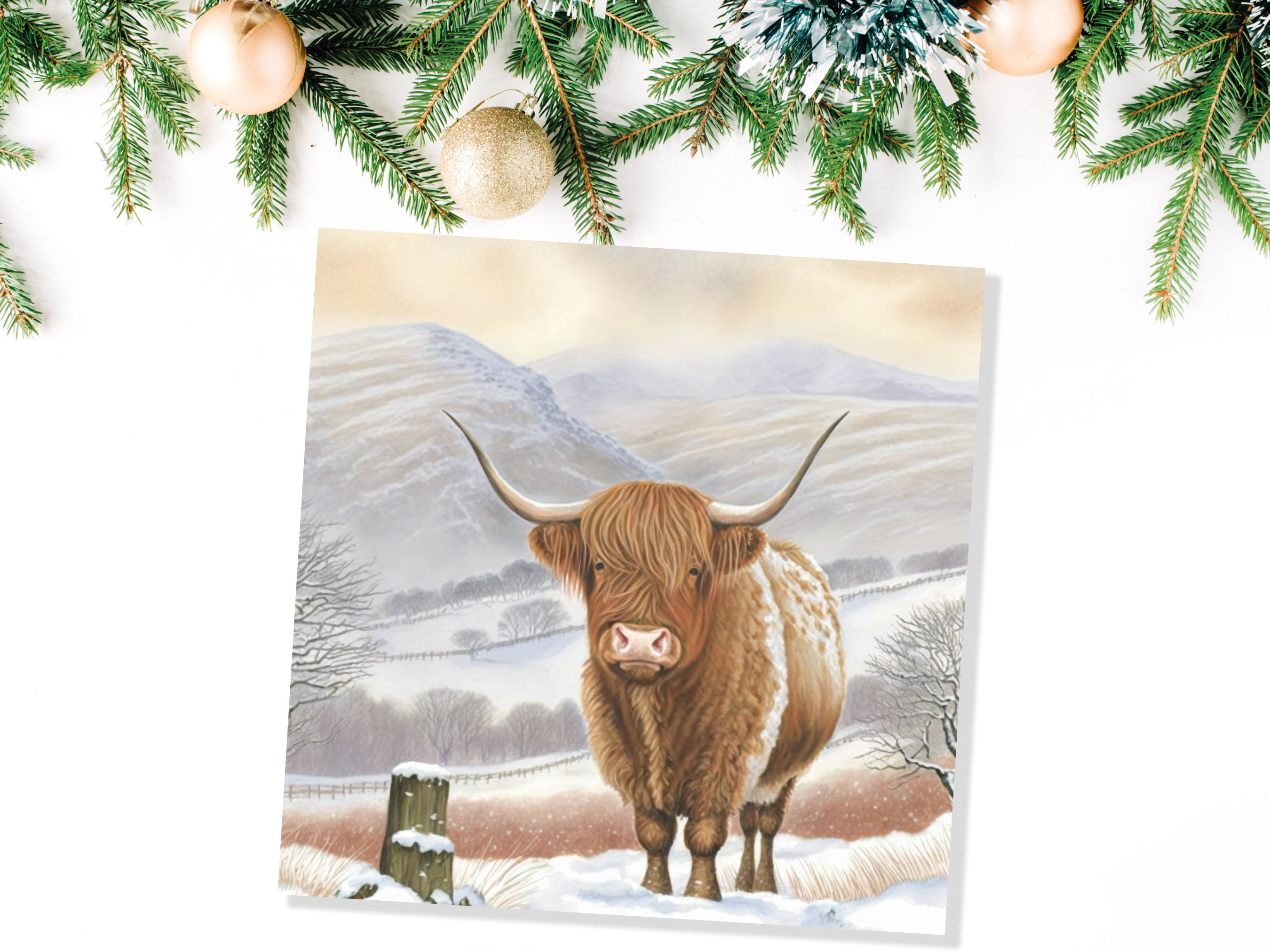 Watercolour Highland Cow Cards Scottish Highlands Winter Snow Scene Mountains Hills Painting Card For Family Friend Xmas 2025 Thank You Coo - View 8