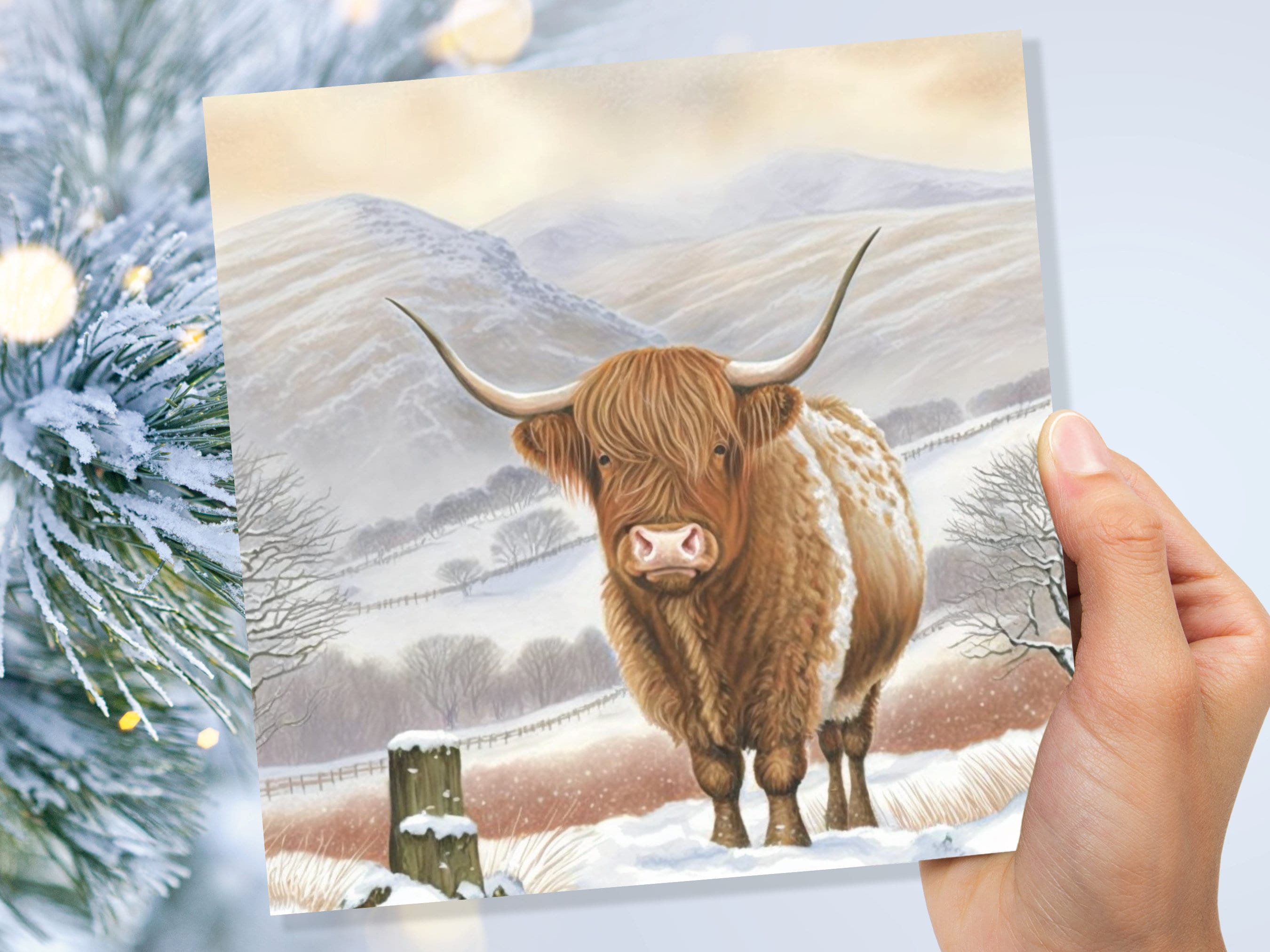 Watercolour Highland Cow Cards Scottish Highlands Winter Snow Scene Mountains Hills Painting Card For Family Friend Xmas 2025 Thank You Coo