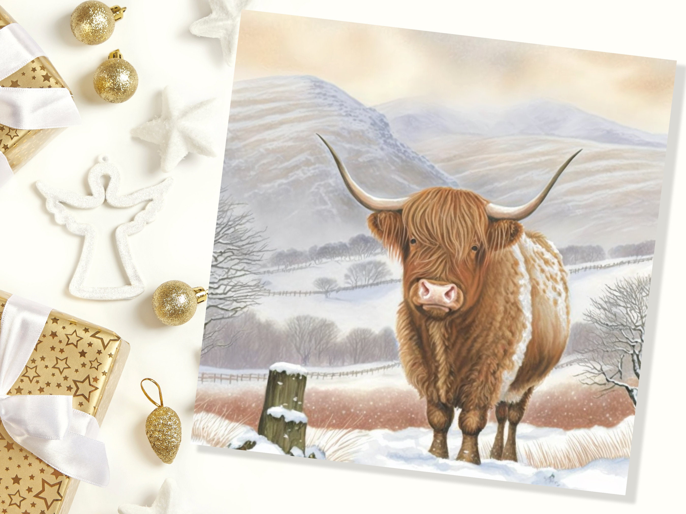 Watercolour Highland Cow Cards Scottish Highlands Winter Snow Scene Mountains Hills Painting Card For Family Friend Xmas 2025 Thank You Coo - View 6