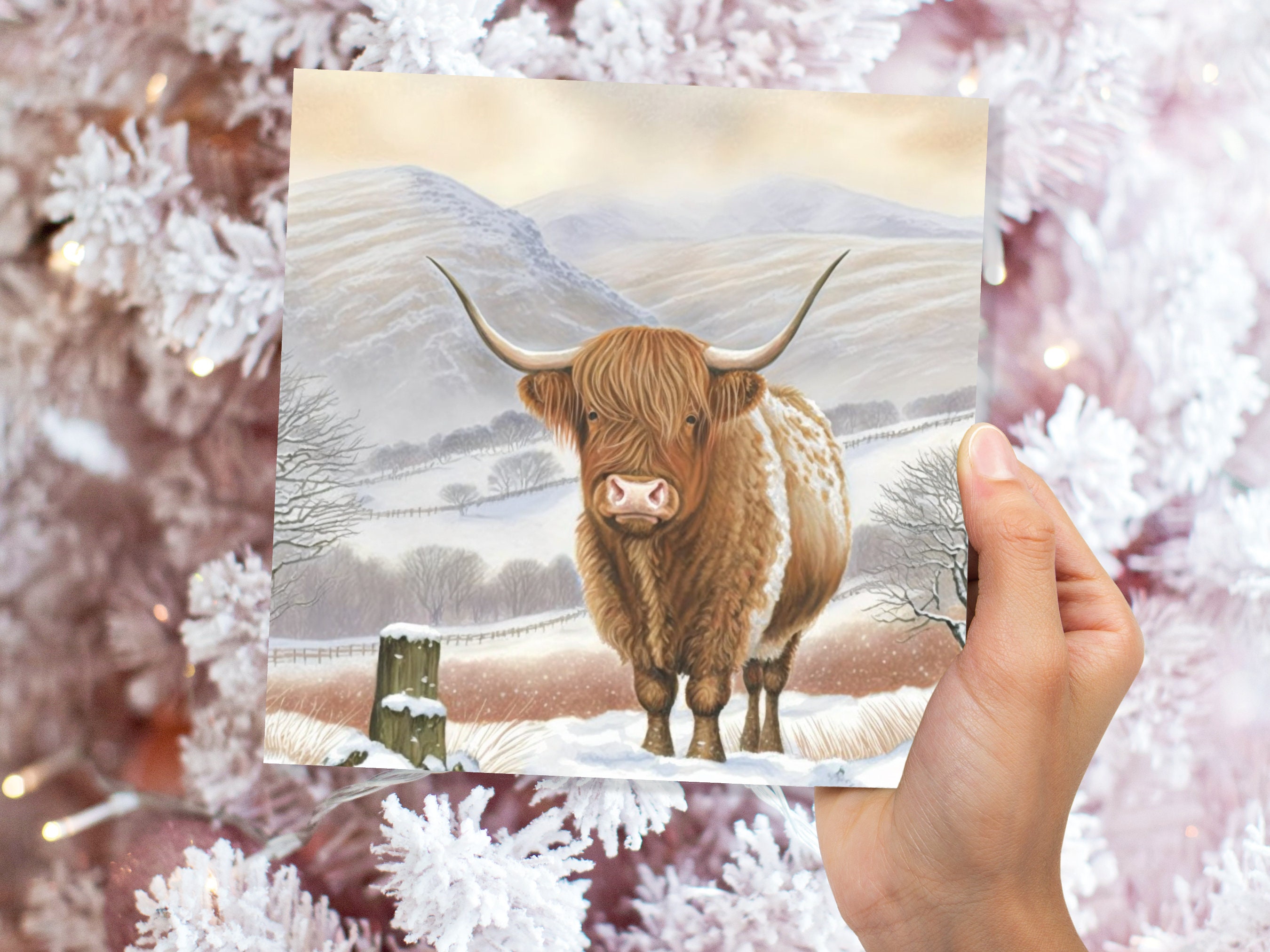 Watercolour Highland Cow Cards Scottish Highlands Winter Snow Scene Mountains Hills Painting Card For Family Friend Xmas 2025 Thank You Coo - View 5