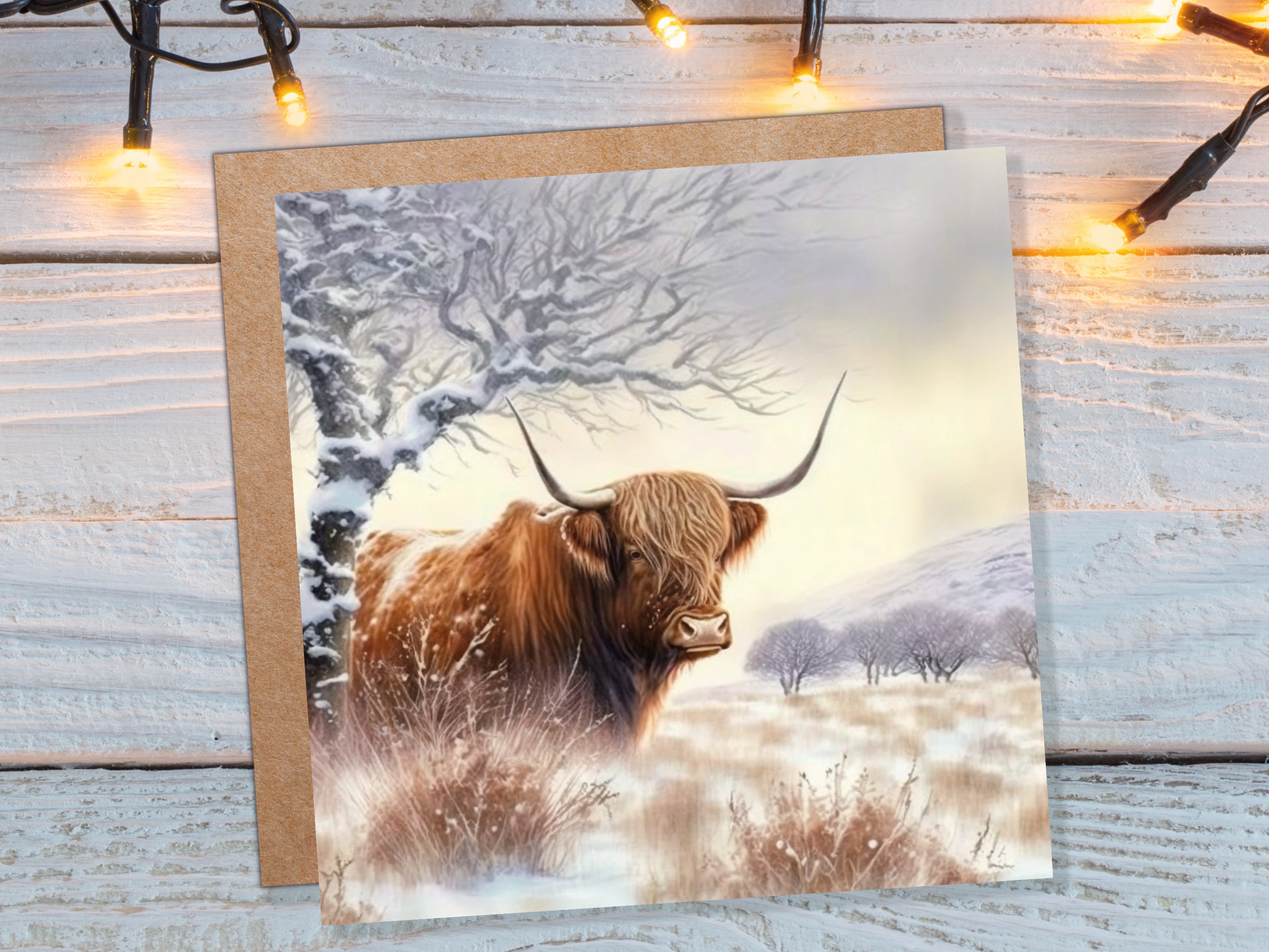 Highland Cow Card Scottish Highlands Watercolour Watery Winter Sky Scene Snowy Landscape Coo Cards For Family Friends Xmas 2025 Thank You - View 2