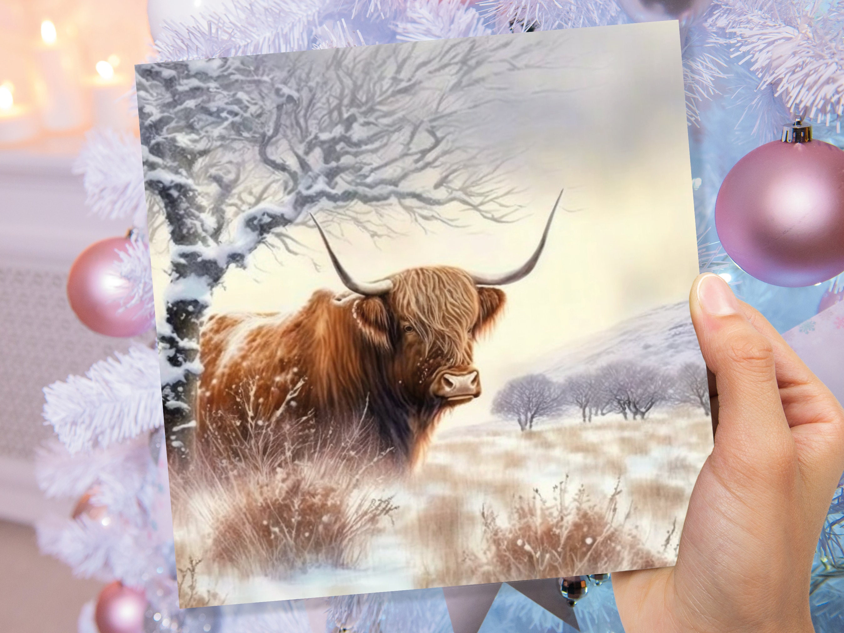 Highland Cow Card Scottish Highlands Watercolour Watery Winter Sky Scene Snowy Landscape Coo Cards For Family Friends Xmas 2025 Thank You - View 7
