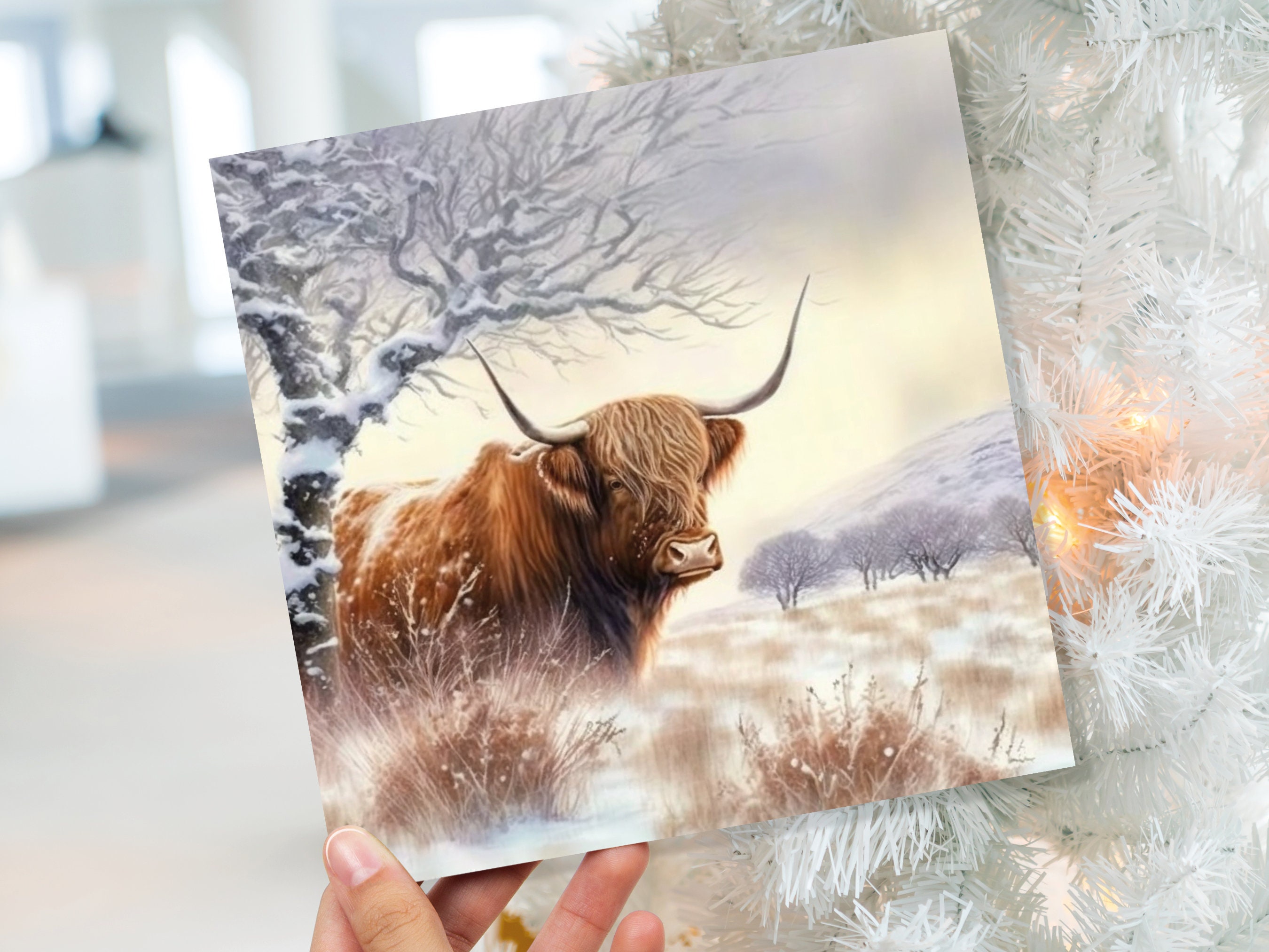 Highland Cow Card Scottish Highlands Watercolour Watery Winter Sky Scene Snowy Landscape Coo Cards For Family Friends Xmas 2025 Thank You - View 9