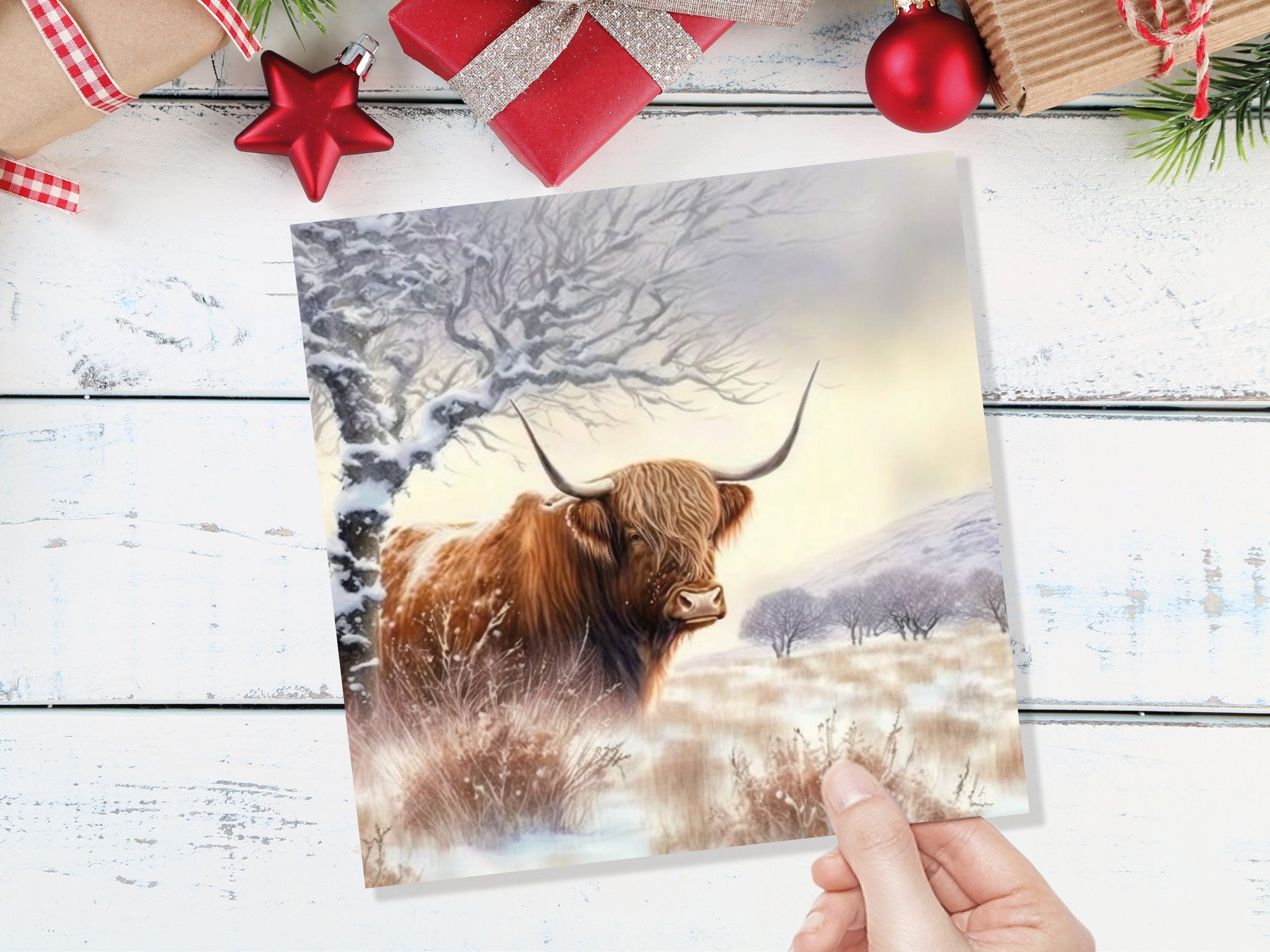 Highland Cow Card Scottish Highlands Watercolour Watery Winter Sky Scene Snowy Landscape Coo Cards For Family Friends Xmas 2025 Thank You - View 8