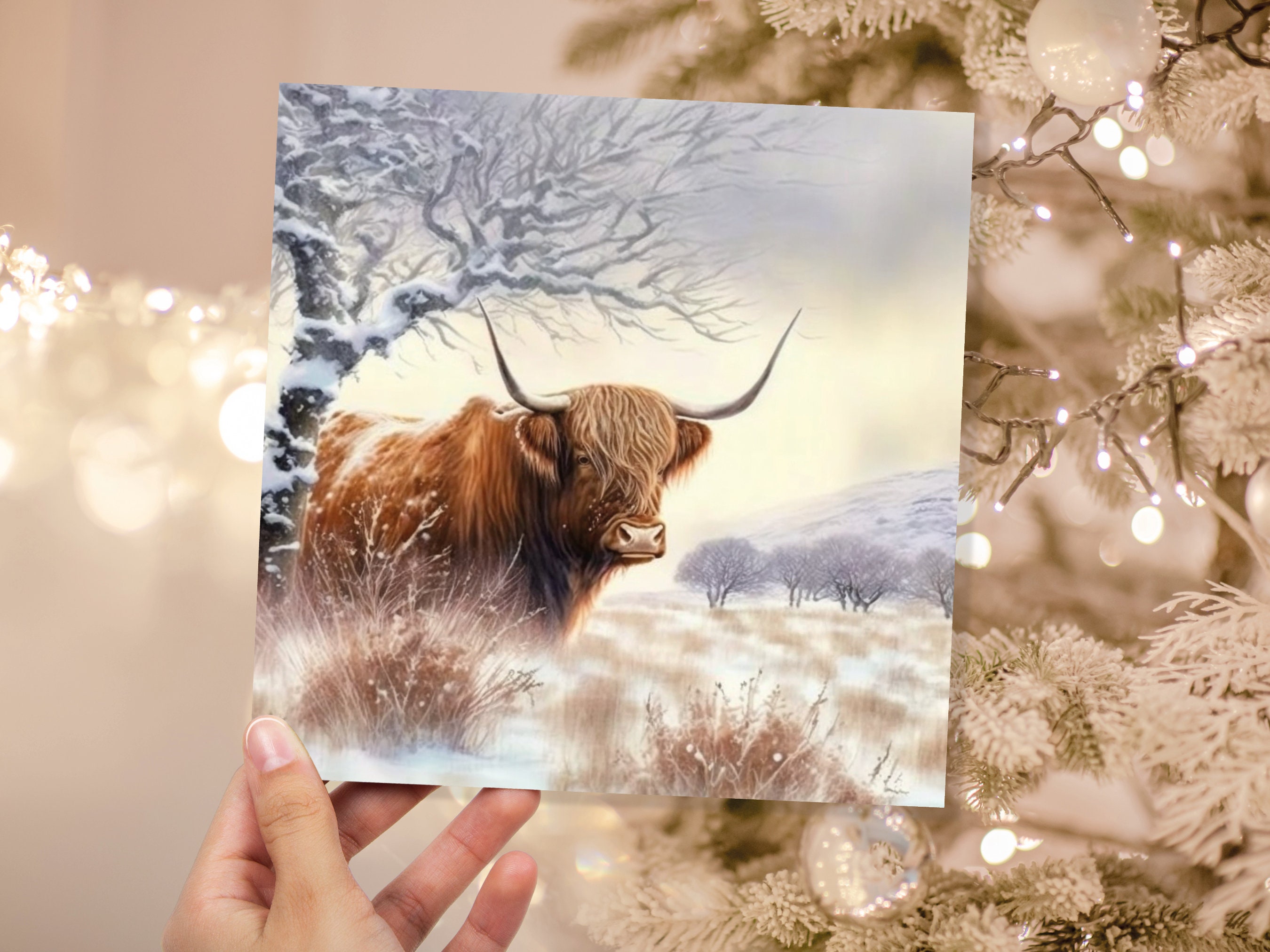 Highland Cow Card Scottish Highlands Watercolour Watery Winter Sky Scene Snowy Landscape Coo Cards For Family Friends Xmas 2025 Thank You - View 3