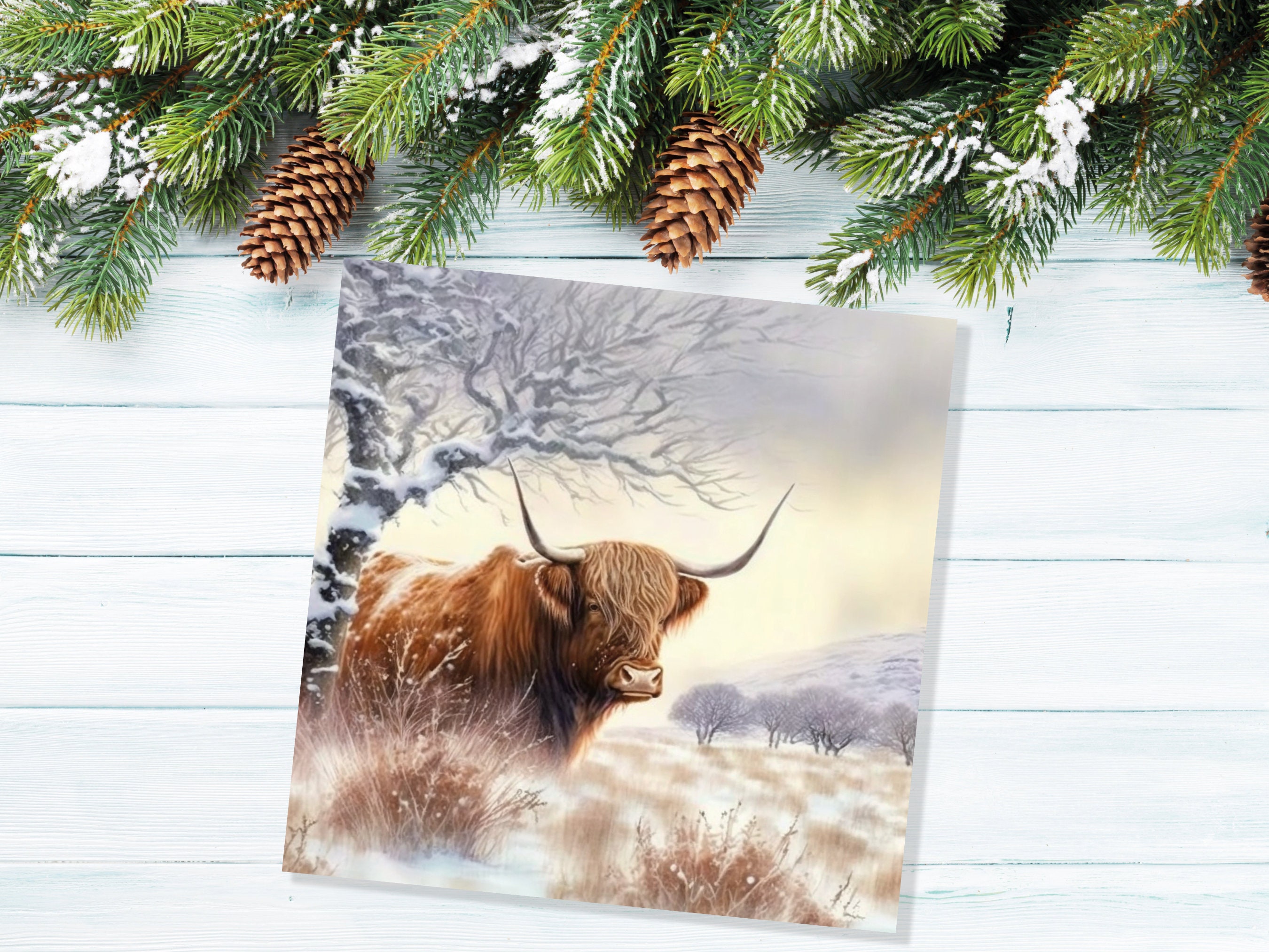 Highland Cow Card Scottish Highlands Watercolour Watery Winter Sky Scene Snowy Landscape Coo Cards For Family Friends Xmas 2025 Thank You - View 5