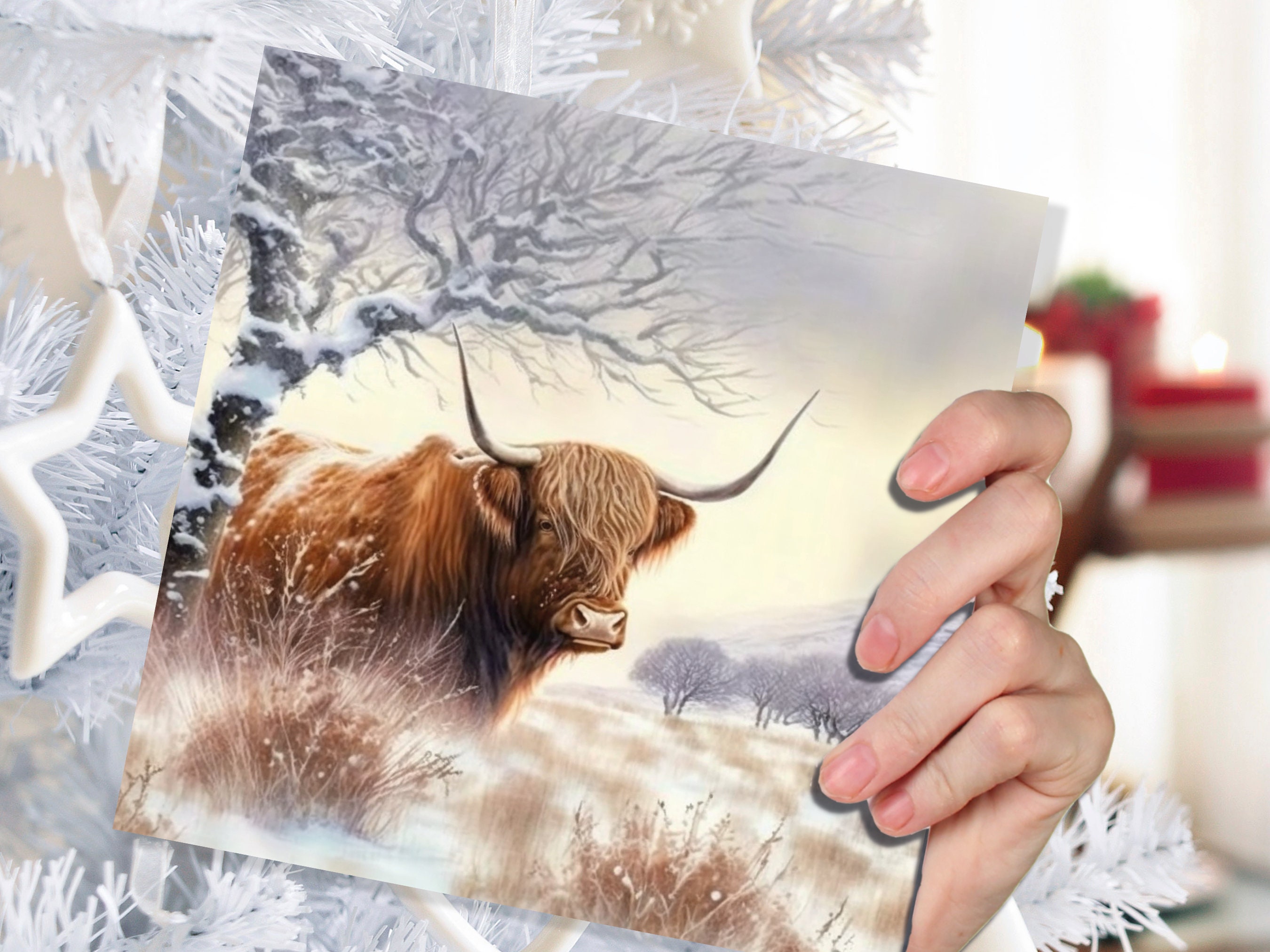 Highland Cow Card Scottish Highlands Watercolour Watery Winter Sky Scene Snowy Landscape Coo Cards For Family Friends Xmas 2025 Thank You - View 6