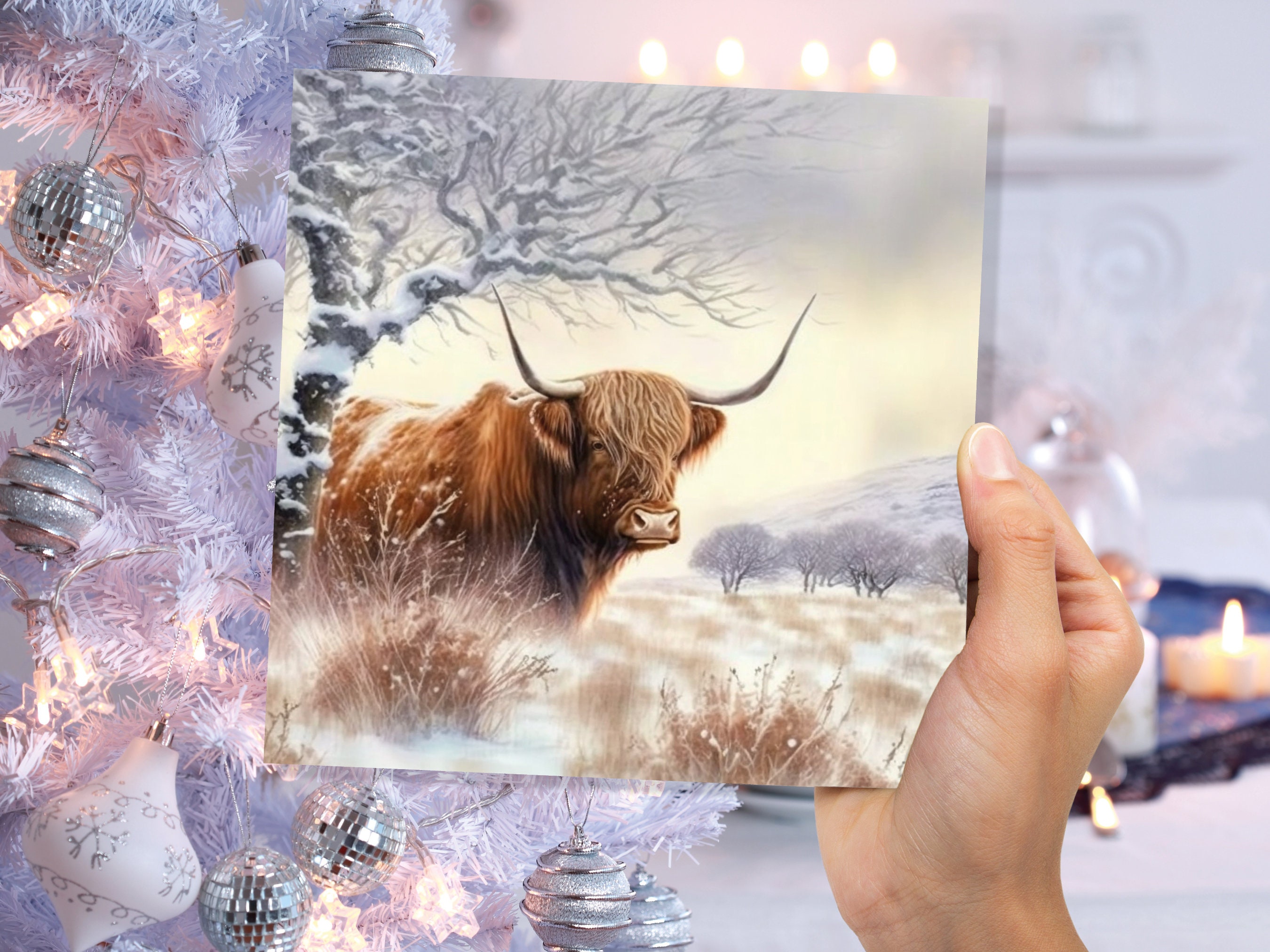Highland Cow Card Scottish Highlands Watercolour Watery Winter Sky Scene Snowy Landscape Coo Cards For Family Friends Xmas 2025 Thank You - View 4