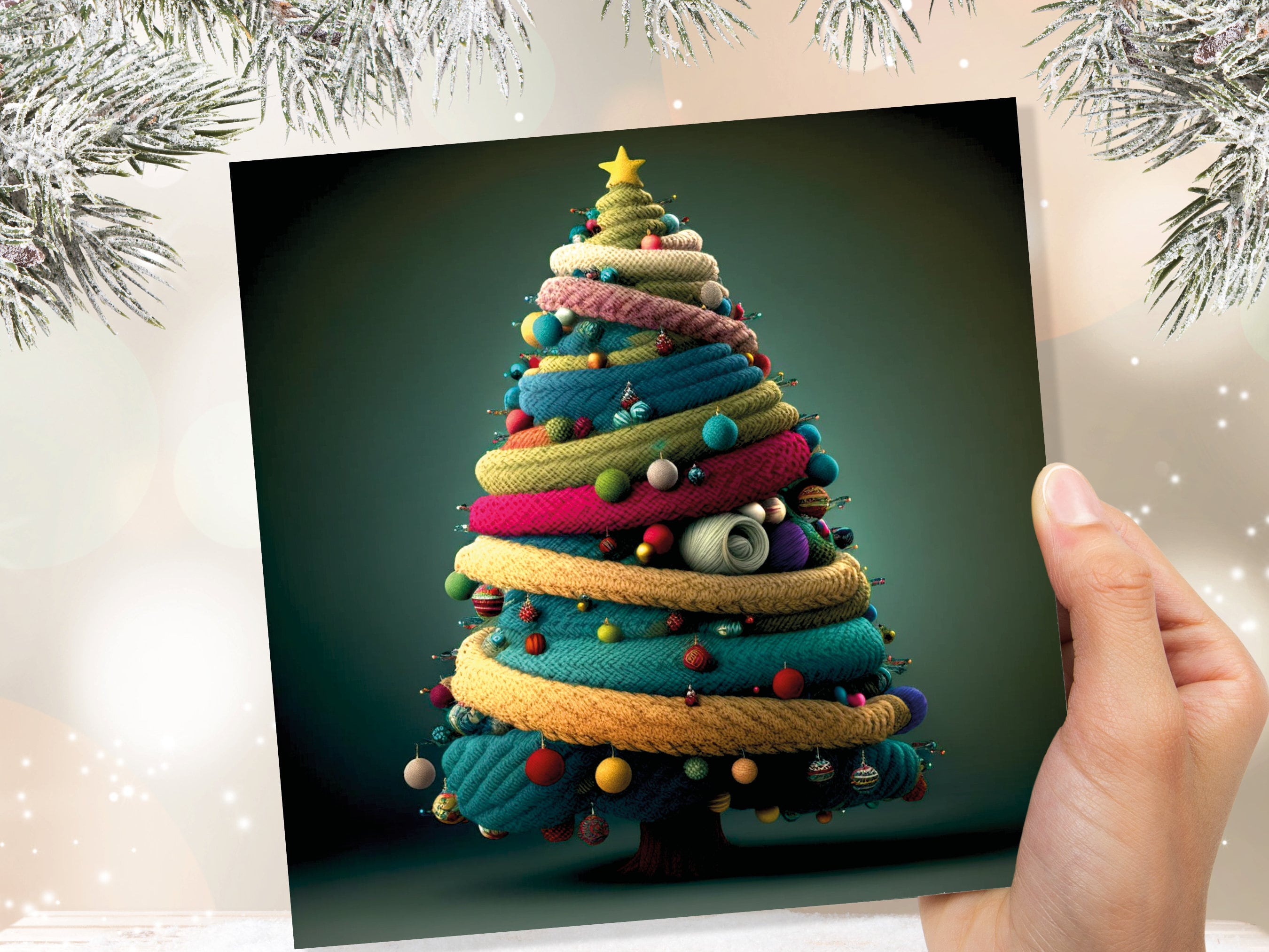 Woollen Christmas Tree Card Knitted Knitting Crochet Yarn Wool Crafters Crafting Knitted Bobbles Felt Fun Xmas Cards For Family Friends 2025 - View 7